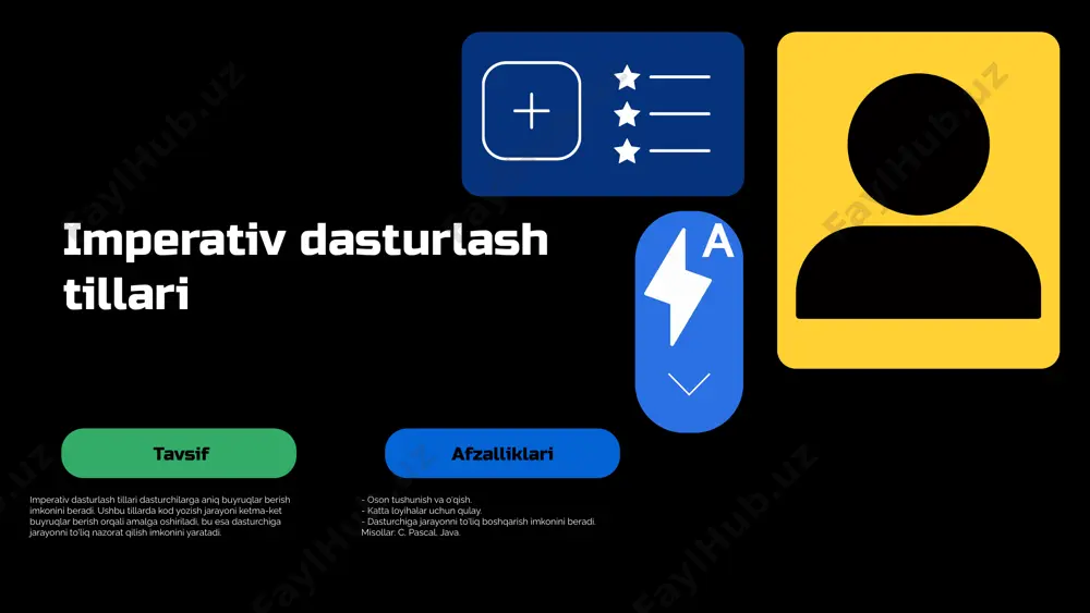va maqsadlariga ega, bu esa dasturchilarga muayyan vazifalarni samarali bajarishga yordam beradi. imperativ dasturlash tillari imperativ dasturlash tillari, masalan, c va pascal, dasturchiga qadam-baqadam buyruqlar berish imkonini beradi. ularning afzalliklari soddaligi va qulayligi hisoblanadi, bu esa yangi dasturchilar uchun o'rganishni osonlashtiradi. ob'ektga yo'naltirilgan dasturlash ob'ektga yo'naltirilgan dasturlash (oop) dasturlash paradigmalaridan biridir. bu usulda, ma'lumotlar va ularni boshqarish usullari bir joyda saqlanadi, bu esa kodni qayta ishlatishni va boshqarishni osonlashtiradi. foydalanilgan adabiyotlar 1. jumaniyazov, a., & muxammedov, e. dasturlash tillarining turlari va xususiyatlari. tashkent university press, 2022. 2. toshpo'latov, s. amaliy dasturlash tilini tanlash bo'yicha maslahatlar. science and technology journal, 2023. 3. rahmonov, n. kelajakda dasturlash tillarining rivojlanish tendensiyalari. journal of computer science, 2023. 4. sultonov, i. dasturlash tili tanlashda e'tibor beriladigan omillar. international conference on software engineering, 2023. 5. qodirov, o. dasturlash tillarining kelajagi va imkoniyatlari. uzbekistan technology review, 2023. e'tiboringiz uchun rahmat! thank you! thank you! thank you! thank …