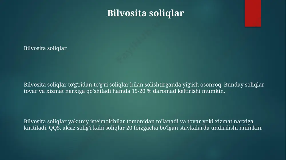 o'zbekistonda qqs stavkasi 15% etib belgilandi, bu ilgari amalda bo'lgan 15% stavkasidan o'zgarish emas, biroq soliq ma'muriyatchiligini soddalashtirishga qaratilgan. qqs to'lovchilar tomonidan hisoblangan soliq summasidan qonun hujjatlarida belgilangan tartibda hisobga olinadigan soliq summasi ayirilgandan so'ng budjetga to'lanishi lozim bo'lgan qqs summasi aniqlanadi. samaradorlik tamoyili soliq siyosatining samaradorligi soliq stavkalarini, imtiyozlarni, yig'ish usullarini optimallashtirish orqali 95% yig'ish darajasiga erishish bilan o'lchanadi, bu esa davlat xarajatlarini moliyalashtirishga hissa qo'shadi. davlat byudjeti uchun 1 so'm soliq tushumini yig'ishga sarflangan xarajatlar, masalan 50 tiyin, shuncha miqdorda ijtimoiy-iqtisodiy samaraga olib kelishi "samaradorlik" tamoyilining muhim ko'rsatkichidir. soliq tizimi samaradorligi 80% dan ortiq soliq majburiyatini bajarish ko'rsatkichi bilan ifodalanadi va resurslarni taqsimlashda 1,2 milliard so'mlik iqtisodiy foyda keltirishi kerak, aks holda tizim samarasiz hisoblanadi. aksiz solig'i aksiz soligʻi aksiz soligʻining asosiy maqsadi byudjet daromadlarini shakllantirishdan tashqari, zararli mahsulotlarni iste'mol qilishni kamaytirish va aholi salomatligini himoya qilishdir. ayrim hollarda uning miqdori 10% dan oshishi mumkin. aksiz soligʻi soliq …