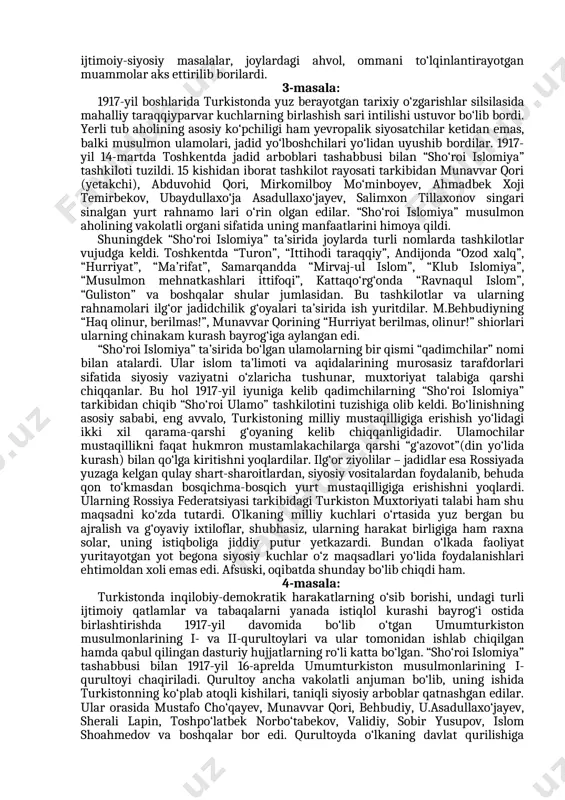 di. uning o‘rniga muvaqqat hukumatga bo‘ysunuvchi turkiston qo‘mitasi tashkil etildi. ayni chog‘da viloyatlardagi harbiy gubernatorlik lavozimari ham tugatildi. ularning o‘rniga viloyat komissarlari lavozimi joriy etildi. fevral o‘zgarishi turkiston o‘lkasi xalqlari hayotida muayyan demokratik jarayonlarni baxsh eta bordi. keng xalq ommasi, uning turli ijtimoiy qatlamlari faol harakatga kela boshladi. o`lkaning yirik shaharlarida tashkil topgan va asosiy tarki bi mahalliy millat vakillaridan iborat kasaba uyushmalari, turli kasb kishilarini birlashtirgan uyushmalar ham aholining tub manfaatlarini, ularning iqtisodiy va siyosiy talablarini himoya qilib faoliyat yuritdilar. 1917-yilning may oyiga kelib turkiston o‘lkasidan mardikorlikka olinganlarning qaytib kelishi ham inqilobiy kuchlar safini toldirib bordi. bu o‘rinda fevral o‘zgarishidan keyin o‘lka xalqlari hayotida muhim ro‘l o‘ynagan, ularning siyosiy faolligini oshirishga xizmat qilgan ko‘plab inqilobiy-demokratik tashkilotlar, siyosiy firqalar, kasaba uyushmalari faoliyatiga alohida urg‘u bermoq kerak bo‘ladi. gap shundaki, bu davrda rossiyada faoliyat yuritayotgan ko‘plab siyosiy partiyalar, jumladan, eserlar, sotsial-demokratlar va boshqa partiyalarning mahalliy tashkilotlari turkistonda ham o‘z faoliyatlarini aktivlashtirib, …