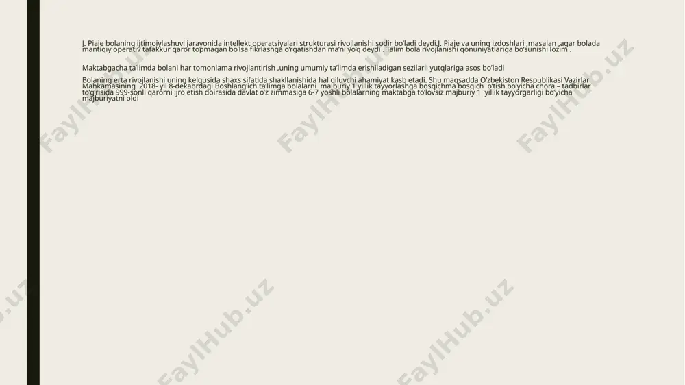 n bu xohish va ehtiyoj motivi turlicha bo‘lishi mumkin. "menga chiroyli forma, daftar, qalam va ruchkalar sotib olib berishadi”', "maktabda o‘rtoqlarim ko‘p bo‘ladi va men ular bilan mazza qilib o‘ynayman”, "maktabda uxlatishmaydi". bunday motivlarni bolalarga odatda ota-onalar singdiradilar. maktabning tashqi ramzlari, shubhasiz bolalarni juda qiziqtiradi, lekin bu maktabda muvaffaqiyatli o‘qish uchun asosiy sabab bo‘la olmaydi.ota-onalar, pedagog, tarbiyachilar tomonidan bolalarga bilish, o‘rganish motivlarini singdirilishi maktabda muvafaqqiyatli o‘qish omili bo‘lib xizmat qila oladi. "men otamga o‘xshagan bo‘lishim uchun o‘qishim kerak", "yozishni juda yaxshi ko‘raman", "o‘qishni o‘rganaman”, "maktabda qiyin misollarni echishni o‘rganaman"- bunday motivlar to‘g‘ri motivatsion tayyorgarlikka misol bo‘la oladi. aqliy tayyorgarlik. ko‘pincha aqliy tayyorgarlik deyilganda bolaning dunyoqarashi, jonli tabiat, insonlar va ularning mehnatlari haqidagi bilimlari tushuniladi. ushbu bilimlar maktab beradigan ta’limga asos bo‘lishi mumkin, lekin so‘z boyligi, ma’lum xatti-harakatlarni bajara olish layoqati bolaning maktabga aqliy tayyorgarligining asosiy ko‘rsatkichi bo‘la olmaydi. maktab dasturi bolalardan taqqoslay olish, tahlil eta olish, umumlashtira olish, ma’lum bir …