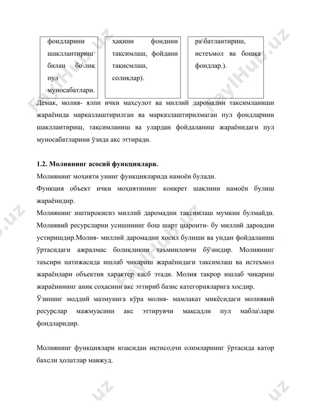 ат ўтказувчи субъектлар нуқтаи назаридан молиявий назорат қуйидаги турларга ажратилади: молиявий назоратнинг турлари умумдавлат молиявий назорати (давлат хокимияти ва бошаруви томонидан амалга ошириладиган назорат). ваколатли молиявий назорат (вазирликнинг назорат тафтиш булимлри томонидан амалга оширилади) ички хужалик молиявий назорати (корхоналарнинг молиявий хазмат органлари томоинадан амалга оширилади. уларнинг функцияси корхонанинг ишлаб чиқариш молиявий фаолиятини текшириш ҳисобланади.). жамоатчилик молиявий назорати(алохида жисмоний шахслар томонидан амалга оширилади) мустакил молиявий назорат (аудит назорати, манффатдорлар иқтисодий агентлари.) ўтказиш муддатлари бўйича молиявий назоратнинг турлари. дастлабки молиявий назорат (1. корхоналар молиявий режасини тузиш куриб чиқиш ва тасдиклаш жараёнидаги молиявий назорат. 2. бюджет ташкилотлари сметаси. 3. давлат бюджети лойихаси тузиш, куриб чиқиш ва тасдиклаш жараёндаги молиявий назорат). жорий молиявий назорат (молиявий режани бажарилиш, бюджет даромад ва харажатларини бажарилиш ту\рилигини текшириш мақсадида амалга оширилади. бу ерда опративлик ва эгилувчанлик муҳим рол уйнайди ). суннги молиявий назорат (амалга оширилган молиявий операциялар сунги натижаларини самарадорлигини текшириш ҳисобланади.). молиянинг бошқа қиймат категориялари: пул, кредит, …