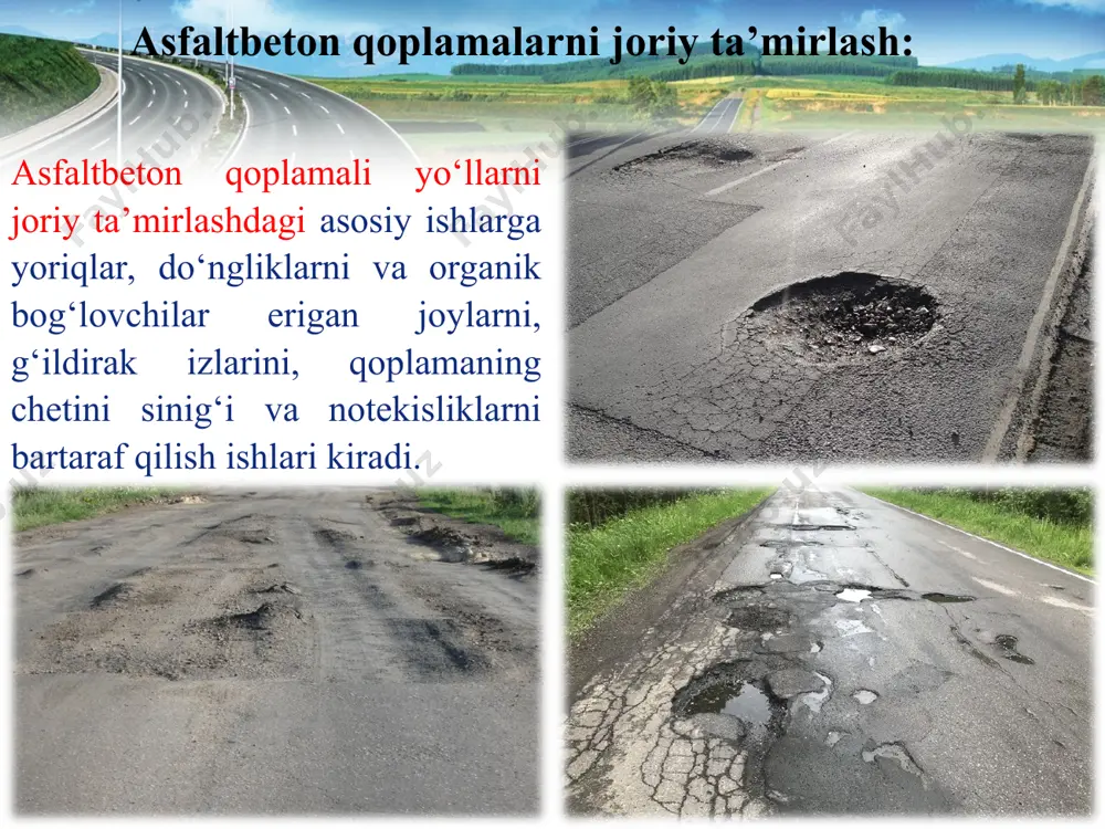 ltirish, uyulgan qorishmani, agar zarur bo‘lsa yangi tayyorlangan qorishma qo‘shib aralashtirib, bo‘ylama va ko‘ndalang yo‘nalishlarda yoyib qaytadan yotqizish va zichlashdan iborat. termoprofillash ishlari quyidagi tartibda bajariladi: yangi material qo‘shmasdan, eski asfaltbeton qorishma yaxlit holatda oddiy termoprofillash (issiqlik ta’sir etib tekislash) eski qatlam ustidan aloxida yangi qatlam yotqizish bilan tekislash xuddi shu uslubda eski qorishmaga yangi material qo‘shib aralashtirish va yaxlit bir qatlam sifatida yotqizish (aralashtirish orqali termoprofillash) bu texnologiya mavjud yo‘l to‘shamasi materialidan muqobil foydalanishga imkoniyat yaratadi va transport xarajatlarini sezilarli darajada qisqartiradi. agar buzilgan qoplamaning chuqurligi 6 sm dan oshmasa, issiq usulda regeneratsiya qilish texnologiyasidan foydalanish mavsadga muvofiq. agar yo‘l to‘shamasida buzilgan va nuqsonlar ko‘p bo‘lsa, asfaltobeton egilishga ishlamasa va bog‘lanmaganligi sezilsa, bu holatda sovuq usulda regeneratsiya qilish maqsadga muvofiq. nobikir yo‘l to‘shamasining dastlabki mustahkamligi yoki uni kuchaytirish texnologiyasini chuqur sovuq regeneratsiya qilish eng samarali tiklash texnologiyasi hisoblanadi. issiq regeneratsiya qilish yuqori sifatli bo‘ylama chokni qurishni ta’minlaydi, hamda bo‘ylama …