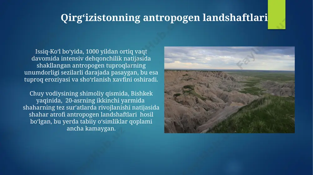 ning ekologik muvozanatiga salbiy taʼsir koʻrsatdi. qozogʻistonning janubiy viloyatlarida, xususan, jizzax va qarshi yaqinidagi 2000 yildan ortiq tarixga ega qadimiy sugʻorish tizimlari tufayli hosil boʻlgan antropogen oʻrmonlar va dalalar keng tarqalgan. sanoat va antropogen landshaftlar farg‘ona vodiysidagi zich aholi punktlari va qishloq xo‘jaligi erlarining intensiv foydalanishi natijasida, 1000 dan ortiq sun'iy suv havzalari va kanallar tizimi vujudga kelgan, bu esa antropogen gidrografik tarmoqlarni shakllantirgan. markaziy osiyodagi sanoat rivojlanishi natijasida 1960-yillardan boshlab 500 000 gektardan ortiq yer maydonlari paxta plantatsiyalari bilan o‘zlashtirilgan, bu esa hududda antropogen landshaftlarning keng tarqalishini keltirib chiqargan. kelajakdagi istiqbollar va tavsiyalar surxondaryo vodiysi va farg'ona vodiysidagi antropogen landshaftlarning 15% ini qayta tiklash uchun xalqaro hamkorlikni kengaytirish va kamida 10 million dollar miqdorida grantlarni jalb qilish kerak. qashqadaryo va buxoro viloyatlaridagi 10 ta yirik antropogen landshaftda tuproq unumdorligini oshirish bo‘yicha innovatsion texnologiyalarni qo‘llash orqali kamida 25% hosildorlikni oshirishga erishish mumkin. markaziy osiyo mintaqasidagi antropogen landshaftlarning shakllanishiga kirish 15-asrda …