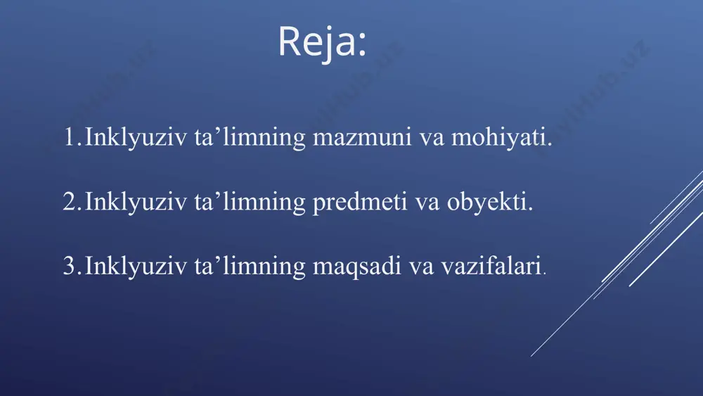 qilish va bolalarning o'ziga xos ehtiyojlarini o'qituvchilarga ma'lum qilishda muhim rol o'ynaydi. inkluziv ta'lim muassasalarida zamonaviy infratuzilma yaratish 1 imkoniyatlarni yaratuvchi binolar inkluziv ta'lim muassasalari nogiron bolalar uchun osonlikcha harakatlanadigan, qulay va xavfsiz bo'lishi kerak. bu binolarda maxsus jihozlar, masalan, panjurlar, liftlar, rampalar va boshqalar bo'lishi kerak. 2 texnologik jihozlar inkluziv ta'lim muassasalarida o'quvchilarning ehtiyojlarini qondirish uchun turli xil texnologik jihozlar, masalan, kompyuterlar, tabletkalar, maxsus dasturlar va boshqalar mavjud bo'lishi kerak. 3 o'quv resurslari har bir bolaning ehtiyojlarini qondiradigan turli xil o'quv resurslari, masalan, o'quv kitoblari, audio-vizual materiallar, o'yinchoqlar va boshqalar bo'lishi kerak. inkluziv ta'lim muassasalarida o'quv dasturlari va metodikani takomillashtirib borish o'quv dasturlarining moslashuchanligi o'quv dasturlarini o'quvchilarning turli xil ehtiyojlarini qondiradigan qilib moslashtirish kerak. diferensiatsiya o'qitishning turli xil usullarini qo'llash, o'quvchilarning ehtiyojlariga moslashgan o'quv materiallari va topshiriqlarni taqdim etish. o'quvchilarga individual yondashuv har bir bolaning o'ziga xos ehtiyojlarini aniqlab, ularga mos ravishda o'qitish usullarini tanlash. inkluziv ta'lim muassasalarida mutaxassislar …