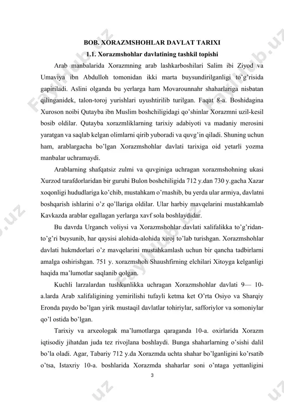 sola boshlaydidar. bu davrda urganch voliysi va xorazmshohlar davlati xalifalikka to’g’ridan-to’g’ri buysunib, har qaysisi alohida-alohida xiroj to’lab turishgan. xorazmshohlar davlati hukmdorlari o’z mavqelarini mustahkamlash uchun bir qancha tadbirlarni amalga oshirishgan. 751 y. xorazmshoh shaushfirning elchilari xitoyga kelganligi haqida ma’lumotlar saqlanib qolgan. kuchli larzalardan tushkunlikka uchragan xorazmshohlar davlati 9— 10-a.larda arab xalifaligining yemirilishi tufayli ketma ket o’rta osiyo va sharqiy eronda paydo bo’lgan yirik mustaqil davlatlar tohiriylar, safforiylor va somoniylar qo’l ostida bo’lgan. tarixiy va arxeologak ma’lumotlarga qaraganda 10-a. oxirlarida xorazm iqtisodiy jihatdan juda tez rivojlana boshlaydi. bunga shaharlarning o’sishi dalil bo’la oladi. agar, tabariy 712 y.da xorazmda uchta shahar bo’lganligini ko’rsatib o’tsa, istaxriy 10-a. boshlarida xorazmda shaharlar soni o’ntaga yettanligini ko’rsatadi. 985 y.larda esa, maqdisiyning yozishicha, xorazmdagi shaharlarning soni o’ttiz ikkitaga yetgan. arxeolog qazilma vaqtida topilgan kulolchilik mahsulotlari bu shaharlarda hunarmandchilik tez rivojlanganligidan darak beradi. arab manbalariga qaraganda 10— 11-a.larda xorazm yirik savdo markaziga aylangan. xorazm savdogarlari, hoz. qozog’iston va …