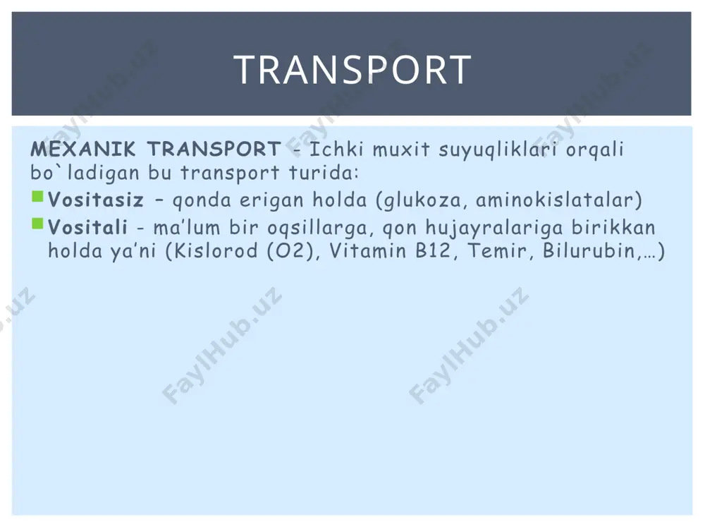 konsentratsiya ortishi bilan diffuziyaning kuchayishi ma’lum chegaragacha davom etadi.sabab: yengillashgan diffuziyani amalga oshiruvchi tashuvchi oqsillarda birikish o’rinlari soni cheklangan boladi. oddiy va yengillashgan diffuziya farqlari modda konsentratsiyasining diffuziya tezligiga ta’siri, a – oddiy diffuziya, b – yengillashtirilgan diffuziya (y oʻqda diffuziya tezligi, x oʻqda moddaning hujayradan tashqari konsentratsiyasi) spetsefiklik. tashuvchi molekulalar turli xil molekulalarga oʻta spetsefik boʻlishadi molekulalar oʻrtasidagi raqobat. agar ikkita molekula, aytaylik a va b molekula bir xil oqsil tomonidan tashiladigan boʻlsa ular oʻrtasida transport uchun raqobat ketadi. shuning uchun, a molekula konsentratsiyasining ortishi b molekulasi transportini sekinlashtiradi yoki aksincha. bu kabi molekulalar oʻrtasidagi kurash oddiy diffuziyada kuzatilmaydi oddiy va yengillashgan diffuziya farqlari 1. membrana o’tkazuvchanligi membrana qalinligiga teskari proporsional oqsil kanallar soni harorat molekula o’lchamiga teskari proporsional membrananing umumiy yuzasiga to’g’ri proporsional 2. konsentratsiya gradiyentiga to’g’ri proporsional 3. bosim gradiyentiga to’g’ri proporsional diffuziya tezligiga tasir qiluvchi omillar osmos hodisasi - suv yoki boshqa erituvchining unda erigan modda …