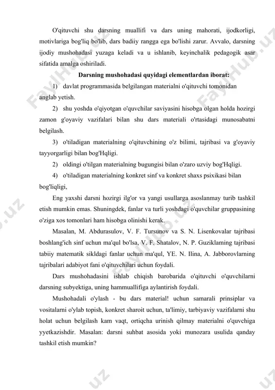 'limiy, tarbiyaviy vazifalarni shu holat uchun belgilash kam vaqt, ortiqcha urinish qilmay materialni o'quvchiga yyetkazishdir. masalan: darsni suhbat asosida yoki munozara usulida qanday tashkil etish mumkin? eng muhimi, darsni ishlashda uslubiy yo'llar tanlash, keyinchalik darsning qolgan komponentlari haqida (vazifalarni tekshirish, mustahkamlash va h. k.) o'ylash kerak. barcha tayyorgarlikda usullar tizimini tanlash uchun quyidagi maslahatlarga amal qilish kerak. o'qitish - bu san'at - o'qituvchi ishining ildizi mana shudir. o'nlab usullarni sinab ko'rish mumkin, lekin, o'zingiznikidan qolmang, o'nlab darslik va qo'llanmalarni qarab chiqing, lekin birortasini asos qilib olmang - jonli o'qitishning yagona yo'li mana shu. doimo yangilik izlang, toping, talab qiling. takomillashib boring - o'qituvchi ishchan hayotining yagona yo'li mana shu. o'quvchi aqliy faoliyatini boshqapjsh. o'quvchilar faoliyatini dars jarayonida boshqarish mahorati ko'plab omillarga bog'liq. shulardan eng muhimi o'z predmetini o'quvchilarga qiziqarli qilib yyetkazishdan iborat. olimlarning takidlashicha, qiziqish shaxsning barcha psixik jarayonlari va funksiyalari, idrok, tasavvuri, diqqati, xarakteri, fikrlashlariga ijobiy ta'sir ko'rsatadi. o'quvchilarda …