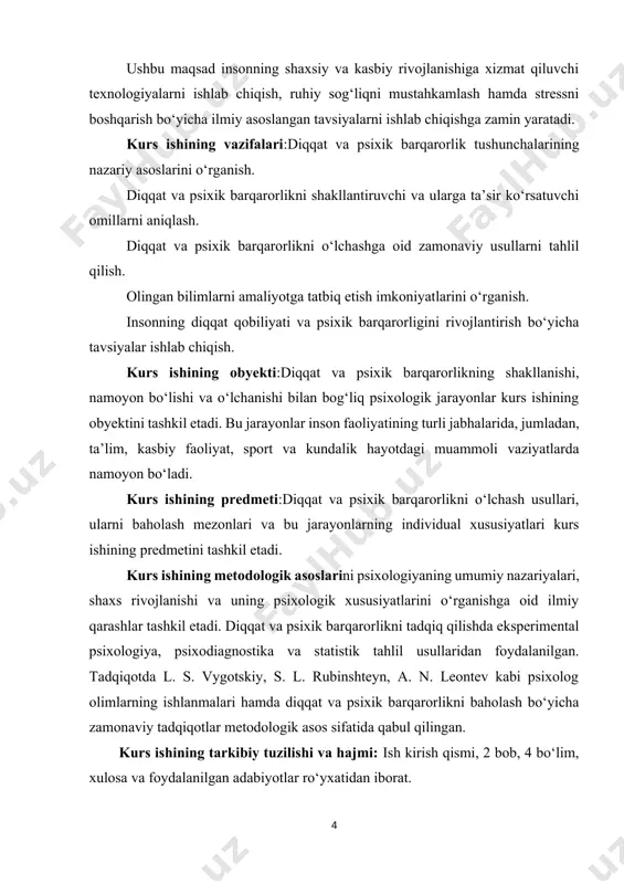 stika va statistik tahlil usullaridan foydalanilgan. tadqiqotda l. s. vygotskiy, s. l. rubinshteyn, a. n. leontev kabi psixolog olimlarning ishlanmalari hamda diqqat va psixik barqarorlikni baholash bo‘yicha zamonaviy tadqiqotlar metodologik asos sifatida qabul qilingan. kurs ishining tarkibiy tuzilishi va hajmi: ish kirish qismi, 2 bob, 4 bo‘lim, xulosa va foydalanilgan adabiyotlar ro‘yxatidan iborat. i bob. diqqat va psixik barqarorlikning nazariy asoslari 1.1. diqqatning psixologik tushunchasi va ahamiyati diqqat inson ongining tashqi yoki ichki muhitdagi muhim ob’ektlarga qaratilgan va ularni ma’lum vaqt davomida kuzatib borishga imkon beruvchi jarayon sifatida psixologiyaning asosiy tushunchalaridan biri hisoblanadi. bu jarayon inson faoliyatini maqsadga yo‘naltirish va uni boshqarishning muhim mexanizmi bo‘lib, diqqat orqali ong faolligi kerakli yo‘nalishga qaratiladi va tartibga solinadi. diqqat nafaqat tashqi muhitdagi stimullarga javob berishda, balki ichki psixik jarayonlarni tartibga solishda ham muhim rol o‘ynaydi. masalan, insonning muayyan vazifani muvaffaqiyatli bajarishi, o‘qish yoki mehnat faoliyatida yuqori samaradorlikka erishishi, birinchi navbatda, uning diqqatni jamlay …