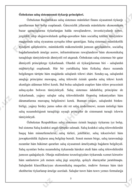 salıq kodeksi arqalı tártipke salınadı. salıq kodeksi salıq tólewshilerdiń huqıq hám minnetlemelerin, salıq túrleri, jeńillikler, salıq tekseriwleri hám juwapkershilik ilajların anıq belgilep beredi. sonıń menen birge, salıq tarawındaǵı nızamlar hám húkimet qararları salıq siyasatınıń ámeliyattaǵı baǵdarın belgileydi. salıq uyımları bolsa nızamshılıq tiykarında háreket etedi hám salıq tólewshilerdiń jumısın qadaǵalaydı. olarǵa málimleme texnologiyaları tiykarında xızmet kórsetiw hám sanlastırıw jolı menen salıq júgi azaytılıp, qolaylı sharayatlar jaratılmaqta. salıqlardıń klassifikaciyası ekonomikalıq maqsetler, óndiriw forması hám tásir sheńberine tiykarlanıp ámelge asırıladı. salıqlar tuwrı hám tuwrı yemes formalarǵa bólinedi. tikkeley salıqlar tikkeley salıq tólewshiniń dáramatları yamasa múlkinen óndiriledi. bunday salıqlarǵa fizikalıq shaxslardıń dáramat salıǵı, yuridikalıq shaxslardıń payda salıǵı, jer salıǵı, múlk salıǵı kiredi. bul salıqlar salıq tólewshiniń finanslıq jaǵdayına tikkeley baylanıslı bolǵanlıǵı sebepli, olardı tólewde sociallıq ádillik principi kóbirek sáwlelenedi. tikkeley emes salıqlar bolsa tiykarınan tovarlar hám xızmetler arqalı óndiriledi. olar tutınıwshılar tárepinen tólenedi, biraq tólemdi ámelge asırıwshı satıwshı yamasa islep shıǵarıwshı mámleketke ótkeredi. bunday …