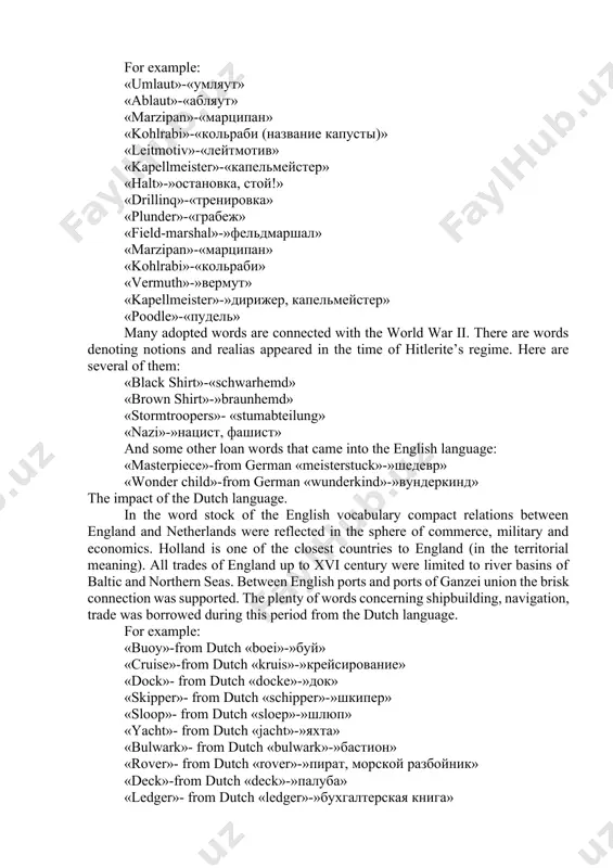 many words adopted from the german language. but there are not so many german lexical units which were included in the english dictionary. the thing is that a lot of german words which relate to the sphere of science serve as a constitution from latin and greek root. words denoting conceptions of social and political and philosophic character, and terminological stratum, which relates to maritime case are treated as german adopted words. first adoptions were made in the sixteenth century. in this period words related to commerce, military science, names of plants and the rest were adopted.  by the term october revolution is meant the revolution against the czarist government which was in november 1917. for example: «lance-knight»-»ландскнехт» «kreutzer»-»крейцер (название монеты)» «groschen»-»гроши» «staff»-»штаб» very serious influence of german language is seen in the sphere of mineralogy: «bismuth»-«висмут» «cobalt»-»кобальт» «zink»-«цинк» «wolfram»-»вольфрам» «nickel»-«никель» «iceberq»-«айсберг». in xix century appeared many new adopted …