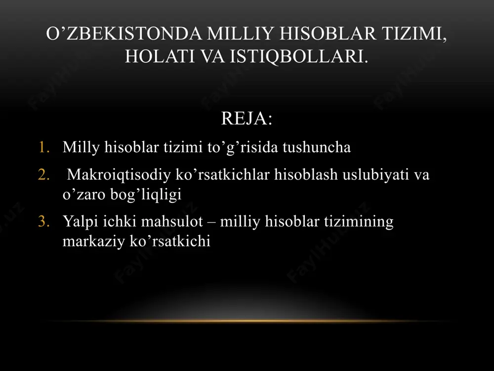 masa, bunday ishlab chiqarish nobozor ishlab chiqarish deyiladi rezidentlik milliy iqtisodiyot va tashqi dunyo tushunchalari jo’g’rofiy xudud, milliy valyuta va millatga emas, balki rezidentlik kriteriyasiga qarab aniqlanadi.  rezident deb, iqtisodiy manfaati (qiziqishi) shu mamlakatning iqtisodiy xududiga qaratilgan (yoki joylashgan) institutsional birliklarga aytiladi.  boshqa mamlakatning rezident birliklari biz uchun norezident birliklar bo’lib hisoblanadi.  mamlakatda joylashgan chet el elchixonalari, xalqaro va diplomatik tashkilotlar, qisqa muddatga (odatda 1 yildan kam) kelgan mavsumiy ishchilar, artistlar, sportchilar, turistlar va x.k.lar rezident hisoblanmaydi.  iqtisodiy qiziqish quyidagi belgilar mavjudligida sodir bo’ladi:  - doimiy yashash uchun turar joyi bo’lsa;  - uzoq muddat davomida (odatda bir yil va undan ortiq) iqtisodiy faoliyatini olib borishi uchun ishlab chiqarish joylari bo’lsa. rezidentlikni aniqlash kriteriyasi  * davlat boshqaruv idoralari  * tovar ishlab chiqaruvchi va xizmat ko’rsatuvchi korxonalar  * oila xo’jaliklari  * yakka tartibda iqtisodiy faoliyat yurituvchilar  rezident va norezidentlikni aniqlashdagi  …
