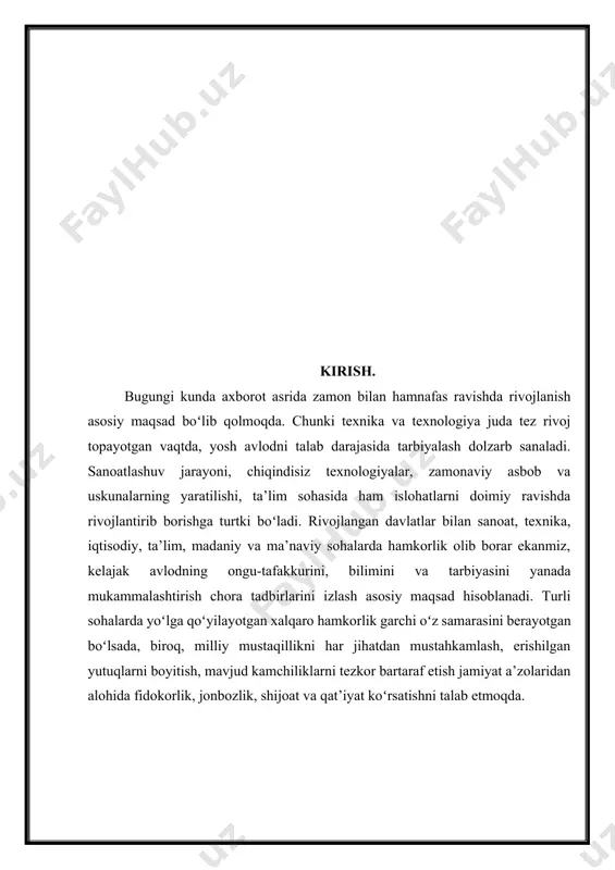shda oshirib borishi zarurligini koʻrsatmoqda. har bir dars talabalarning bilimga qiziqishlarini va mustaqil ravishda ishlash koʻnikmalarini rivojlantirishga yordam berishi uchun innovatsion ta’lim texnologiyalaridan foydalangan holda oʻqitish samaradorligini va talabalarни mustaqilishlashfunksiyalarini toʻxtovsiz oshirish hozirgi kunning dolzarb vazifalaridan biri hisoblanadi. ta’lim texnologiyalarini ishlab chiqish va kimyo fani boʻyicha mashg’ulotlarda innovatsion ta’lim texnologiyalarni qoʻllash dolzarb ilmiy muammo sifatida maxsus tadqiqotlar olib borishni koʻzda tutadi. quyidagi kurs ishi tuzlar mavzusiga bag’ishlanadi .ushbu kurs ishida tuzlarning sinflari shuningdek ularning ahamiyati to’g’risida so’z boradi.tuzlar tabiatda keng tarqalgan binar birikmalar bo’lib, ulardan turli sohalarda foydalaniladi. murakkab moddalar ichida eng ko’p tarqalgan va xalq xo’jaligidagi eng ko’p ishlatiladigan anorganik moddalar tuzlar hisoblanadi. ushbu kurs ishida quyidagilar haqida batavsil ma’lumotlar beriladi: b tuzlar haqida qisqacha ma’lumot. o’rta (normal) tuzlar nomenklaturasi va olinishi. b nordon tuzlar nomeklaturasi va olinishi. b asosli tuzlar nomeklaturasi va olinishi. b qo’sh tuzlar nomeklaturasi va olinishi. b kompleks tuzlar. tuzlarning umumiy xossalari. b i- bob. …