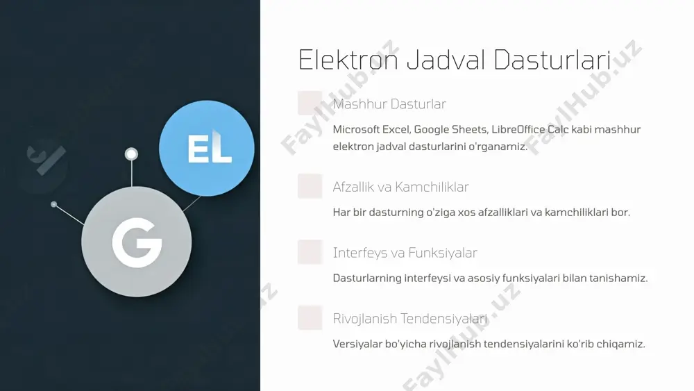 a'lumotlarning statistik xususiyatlarini o'rganish. trendlarni aniqlash ma'lumotlardagi o'sish va pasayish tendensiyalarini aniqlash. pivoting jadvallar katta hajmdagi ma'lumotlarni umumlashtirish va tahlil qilish. 7 hamkorlik va ma'lumot almashish birgalikda ishlash elektron jadvallarni birgalikda ishlatish. eksport/import ma'lumotlarni boshqa dasturlarga eksport va import qilish. veb-saytlarga joylashtirish elektron jadvallarni veb-saytlarga joylashtirish imkoniyatlari. 8 amaliy misollar 1 budjetni rejalashtirish shaxsiy yoki korporativ budjetni boshqarish. 2 sotuvlarni tahlil qilish sotuv ko'rsatkichlarini kuzatish va tahlil qilish. 3 loyihalarni boshqarish loyihalar holatini kuzatish va vazifalarni taqsimlash. 4 boshqa sohalarda ta'lim, sog'liqni saqlash, moliya kabi sohalarda qo'llash. 9 xulosa ahamiyati elektron jadval dasturlari muhim va foydali vositadir. tavsiyalar ularni o'rganish va amalda qo'llash tavsiya etiladi. kelajak tendensiyalari dasturlarning kelajakdagi rivojlanishini ko'rib chiqamiz. savollar savollar va javoblar sessiyasi. 10 image1.png image2.png image3.png image4.png image5.png image6.png image7.png image8.png image9.png image10.png image11.png image12.png image13.png image14.png image15.png image16.png image17.png image18.png image19.png image20.png image21.png image22.png image30.png image23.png image24.png image25.png image26.png image27.png image28.png image29.png