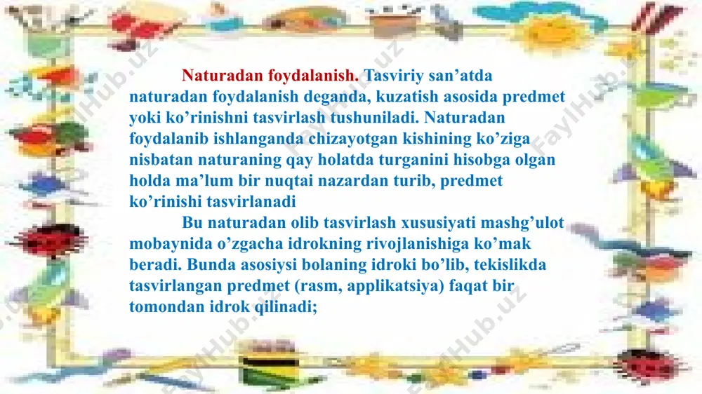 redmetni eslatish uchun yoki yangi ish usulini o’rgatish uchun kerak bo’ladi badiiy adabiyotning obrazlaridan foydalanish. badiiy obrazni o’zida mujassamlashtirgan nutq o’ziga yarasha ko’rgazmalikka egadir. masalan: she’r, hikoya, topishmoq va hokazo. ifodali o’qilgan badiiy asar ijodiy kayfiyatning oshishiga, tafakkurning, xayolning faol ishlashiga yordam beradi. tarbiyachining ko’rsatmalari va tushunchalari. tarbiyachining ko’rsatmalari barcha ko’rgazmali usullari o’z ichiga oladi hamda o’zi mustaqil o’rgatish usuli sifatida xizmat qiladi. kichik yoshdagi bog’cha bolalari uchun og’zaki ko’rsatmalar kamdan-kam beriladi. bolalarning tasvirlash malakalari yetarli bo’lmay, sezgi analizatorining ishtirokisiz tarbiyachining ko’rsatmasini tushunmaydilar (ko’rish, eshitish, qo’l, ta’m bilish sezgilari). rasm chizish, loydan buyum yasash, applikatsiya turli metodlardan hamda o’rgatish usullaridan foydalanishni talab qiladi, shu jumladan bolalarda ko’nikma malakalarni hosil qiladigan amaliy metodlardan ham foydalanish talab qiladi. amaliy metodlardan asosiysi bo’lmish, texnik va ba’zan tasviriy malakalarni o’rgatadigan mashqlardir kichik guruhda bu mashqlar bolalar uchun sezilarli emasdir yumaloq shaklli predmetlarni yasashni o’rganib, bolalar koptokni, olmani, apelsinni va shu kabi predmetlarni yasaydilar. yo’llarni, …