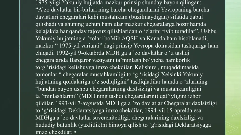 moiy qiymat sifatida tan olish g'o y asi ijtimoiy jihatdan o 'z tasdig'ini topgan. na davlat, na boshqa bir guruhlar yoki qandaydir shaxs xalqaro tan olingan barcha inson huquqlarini y o ‘q qilishga yoxud uni noqonuniy cheklashga qaratilgan har qanday faoliyat bilan shug'ullanish huquqiga ega emas (fuqarolik va siyosiy huquqlar to'g'risidagi xalqaro paktning 5.1-moddasi). ushbu esa inson huquqining xalq va davlat huquqidan ustun ekanligini aslo anglatmaydi. inson o‘z huquqlarini amalga oshirishda davlat va boshqa ijtimoiy tuzilmalarning huquqlarini hurmat qilishi lozim. busiz na davlat va na jamiyat mavjud bo’la oladi. inson huquqlari umumjahon deklaratsiyasi: "har bir inson jamiyat, ya’ni uning shaxsi erkin va to’liq shakllanadigan jamiyat oldida o 'z majburiyatiga ega” . inson huquqlarini cheklash faqat “ demokratik jamiyatning umumiy farovonligi” manfaati y o 'lid a ekanligi nazarda tutilgan (29-m.). z xalqaro majburiy atlarni vijdonan bajarish prinsipi ushbu prinsip xalqaro huquq bilan bir vaqtda vujudga kelgan hamda “shartnomalarga rioya qilinishi lozim” …
