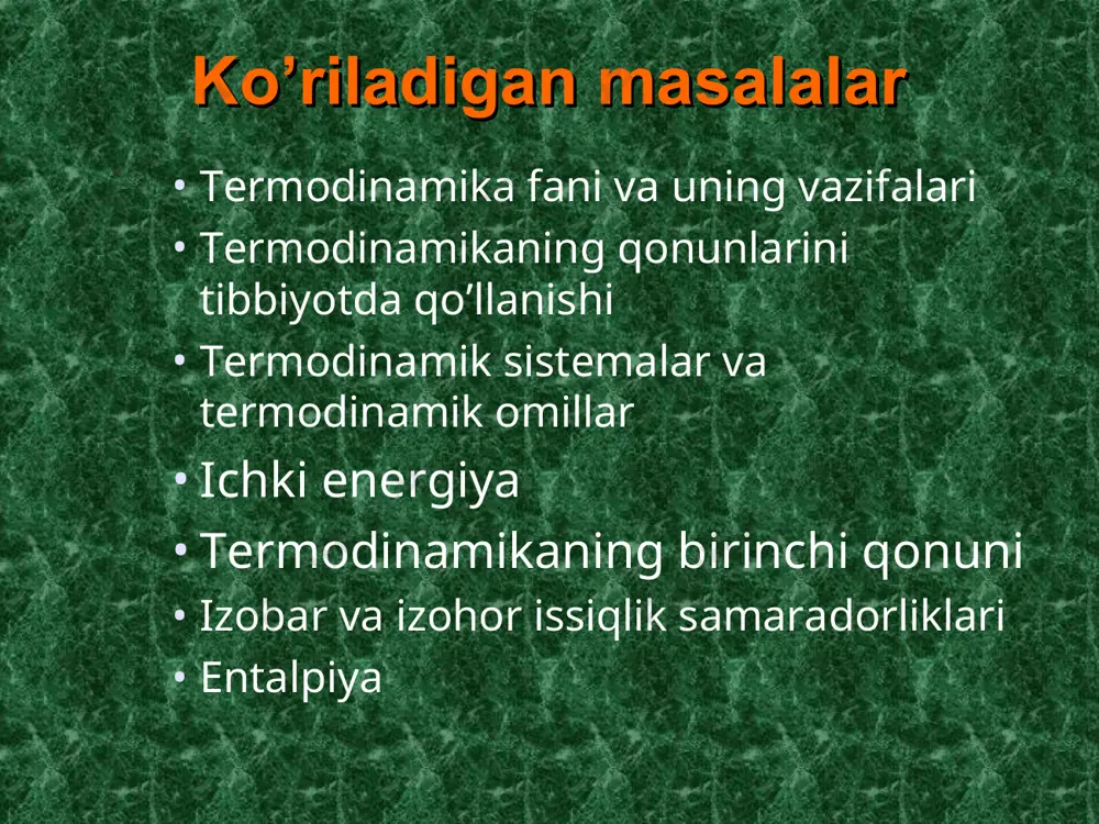 1/2 n2 (g) + 1/2 o2 (g) = no(g); h = +180,75 kj gess qonuni «reaksiyaning issiqlik samarasi (entalpiyasi) dastlabki modda va mahsulotlarining tabiati va holatiga bog’liq bo’lib, reaksiya bosib o’tadigan yo’liga bog’liq emas.» q = q1 + q2 = q3 + q4 + q5 q1 q2 q q3 q5 q4 gess qonunidan hulosalar 1. hd = - hf ; bu erda: hd - moddaning parchalanish entalpiyasining o’zgarishi hf - moddaning hosil bo’lish entalpiyasining o’zgarishi 2. hr0 =  nhf0 (mahs.) -  nhf0 (dastl.) bu erda:  nhf (mahs.) - mahsulotlar hosil bo’lish entalpiyalari o’zgarishining yig’indisi  nhf (dastl.) - dastlabki moddalar hosil bo’lish entalpiyalari o’zgarishining yig’indisi 3. hr =  nhyonish (dastl.) -  nhyonish (mahs.) termodinamikaning ikkinchi qonuni klauziusning ta’rifi: «issiqlik o’z-o’zidan sovuq jismdan issiq jismga o’ta olmaydi» termodinamik ehtimollikning logarifmlangan qiymati entropiya deyiladi: s = k lgw bu erda: s - entropiya - sistemaning tartibsizligi funcsiyasi …