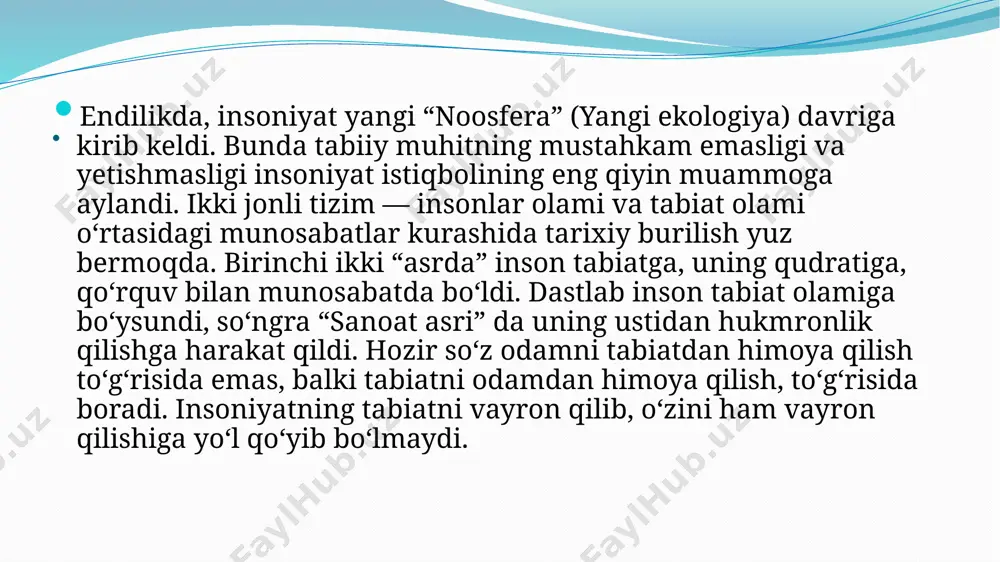 y taʼsiri global ahamiyat kasb eta boshladi. xx asr davomida jahon aholisi soni 4- martaga, jahon ishlab chiqarish hajmi esa 18-martaga oshdi. global miqyosdagi ekologik muammoga aylanib ulgurgan muammolar tarkibiga iqlim oʻzgarishi, suv havzalarining ifloslanishi, ozon qatlamining yemirilishi, chuchuk suv havzalarining ifloslanishi, atmosfera havosining ifloslanishi va kislotali yomgʻirlar, ozon qatlamining yemirilishi, chuchuk suv yetishmovchiligi va dunyo okeanining ifloslanishi, yerlarning degradatsiyaga uchrashi va choʻllanish, oʻrmonlarning kamayishi, biologik xilma-xillikni qisqarib borishi kabi muammolarni kiritishimiz mumkin. . global ekologik muammolar quyidagi xususiyatlari bilan ajralib turadi: planetar xarakterga ega ekanligi: global ekologik muammolar butun insoniyatni bevosita yoki bilvosita qamrab oladi; barcha mamlakatlar javobgar ekanligi: global ekologik muammolarning paydo boʻlishi biron-bir mamlakatlar aybi bilan bogʻliq holda yuzaga kelgan; global ekologik muammolarni hal etishda xalqaro hamkorlikning zarurligi; global ekologik muammolarning hal etish uchun kechiktirib boʻlmaydigan choralar qabul qilish zaruriyati. . qazib olinadigan resurslarni isteʼmol qilishni tartibga solish bilan birgalikda, inson ekologik tizimni zararlantiradigan darajada toksik moddalarni …