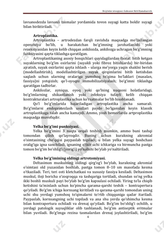 ohatlanganligidan kelib chiqadigan falajlarda, bo‘g‘imlarning sil tufayli yallig‘lanish hollarida jarayonning tezroq bartaraf qilinishi uchun qo‘llanadi. bo‘g‘im ichi, bo‘g‘imdan tashqari va qo‘shma (ham ichki, ham tashqi) artrodezlar farqlanadi. bo‘g‘im ichi artrodezi, ko‘pincha bo‘g‘imning juda tejamkor rezeksiyasiga o‘xshab ketadi, bunda bo‘g‘im oxirlarining fakatgina tog‘ay yuzalarigina olib tashlanadi va oyoq yoki qo‘lga o‘zoq muddatli gips bog‘lam qo‘yiladi. bu usul suyaklarning tog‘ay qoplamlaridan holi etilgan bo‘g‘im oxirlarining bir-biri bilan birikib o‘sib ketishi uchun qo‘llanadi. bo‘g‘imdan tashqari artrodez bo‘g‘imni ochmasdan turib, suyak transplantatini paraartikulyar yo‘l bilan kiritish orqali uni harakatlanmaydigan qilib qo‘yishdir. bu usuldan ko‘pincha chanoq-son bo‘g‘imida foydalaniladi. bo‘g‘imdagi harakatlar amplitudasini cheklaydigan operatsiyalarga artroriz, tenodez va lavsanodez taalluqli. artroriz – bo‘g‘imdagi ortiqcha harakatni cheklovchi sharoitlarni yaratishga qaratilgan suyak-plastik operatsiya. oyoq panjasi artrorizining uch turi: oldingi, orqa va yonlama (medial, lateral) ishlab chiqilgan. oldingi artroriz boldir-panja bo‘g‘imida oyoq panjasining ifodalangan tovon deformatsiyasi bilan birga kelgan haddan tashqari bukilishini cheklash uchun ko‘rsatilgan. orqa artroriz suyak “cheklagichi” yordamida …