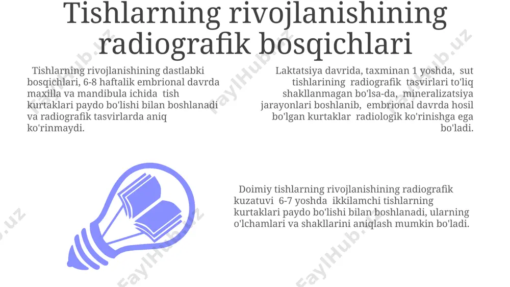 kdagi katta radiolusensiya zonasi aniqlanadi. tishlarning anomaliyalarining radiografik ko'rinishi gemini tish – ikkita toj bilan bitta ildizga ega bo‘lgan tish anomaliyasi rentgenogrammalarda ikkita alohida toj shaklida namoyon bo‘ladi. tishlarning qo‘shimcha ildizlari (2-3 ta o‘rniga 4 yoki undan ortiq) radiografik tekshiruvda aniq ko‘rinadi, bu esa ildiz kanallarini to‘ldirish jarayonini murakkablashtiradi. dens-in-dente anomaliyasi – bir tish ichida boshqa kichikroq tishning shakllanishi – radiografik tasvirda markaziy tish ichida joylashgan kichik tish tuzilmasini ko‘rsatadi. tishlarning radiografik tasviri tishlarning radiografik tasvirida periapikal yoki bitewing suratlarda pulpa bo'shlig'ining hajmi va shakli, uning kalsifikatsiyasi darajasi aniqlanadi, bu esa yosh va umumiy holat haqida ma'lumot beradi. tishlar ildizlarining soni va uzunligi, shuningdek, periodontiumning holati, ya'ni alveolyar suyakning balandligi va zichligi radiografik tekshiruv orqali 0,1 mm gacha aniqlikda baholanadi. panoramik radiografiyada 28 ta tishning ham tasviri olinadi, bu esa umumiy holatini baholaydi, shu jumladan, emal, dentin va sement qatlamlarining qalinligini tahlil qilish imkonini beradi. ortodontik davolanishning radiografik nazorati ortodontik …
