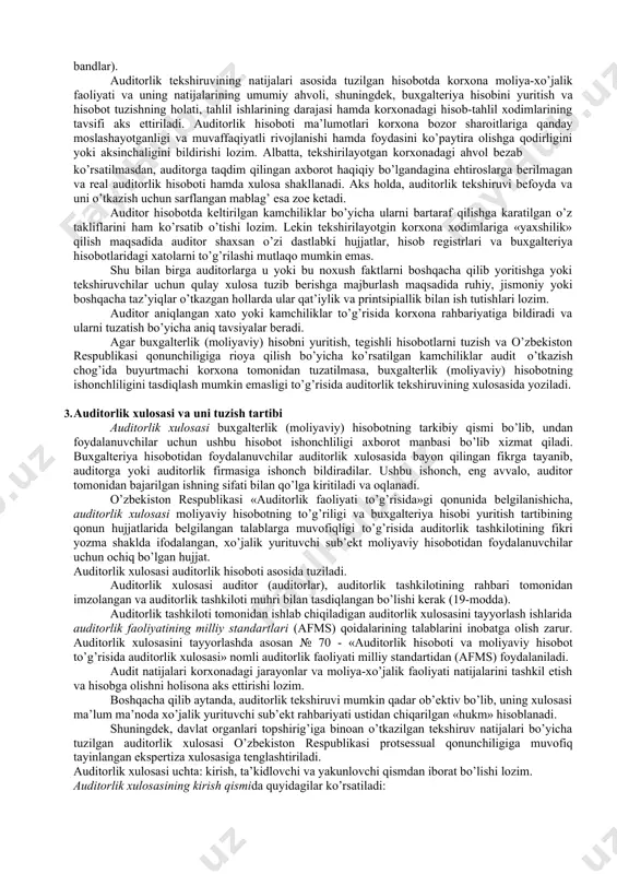 sh yoki debitor va kreditor qarzlar tasdig’ini olish munosabati bilan auditorlar hisob-kitoblarni hisobga oladigan analitik hisob registrlarini tekshirib chiqishi, hamda ularni bosh daftar ma’lumotlari bilan taqqoslashi lozim. hisob-kitob muomalalari hisobga olinadigan schyotlarni tahlil qilishda quyidagilar aniqlanishi mumkin: · mol etkazib beruvchilar schyotlari bo’yicha debet qoldiqlar; · mansabdor shaxslar, direktorlar, raislar, sho’’ba va tobe korxonalarga va boshqa o’zaro bog’liq tomonlardan qarzlar summalari; · mol etkazib beruvchilar bilan hisob-kitoblarga doir haddan tashqari katta tuzatishlar; · da’vo muddati o’tib ketgan yoki o’tayotgan to’lanmay qolgan schyot-fakturalar. barcha belgi qo’yilgan summalar yakuniy ishchi hujjatlarini tayyorlashda tahlil qilinishi va hisobga olinishi lozim. ushbu ishlarning natijalarini boshqa olingan dalillar bilan taqqoslash maqsadga muvofiq. masalan, da’vo muddati o’tib ketayotgan to’lanmay qolgan schyotlar va mol etkazib beruvchilar bilan hisob-kitoblar bo’yicha debet qoldiqlarning aniqlangan summalariga ma’lumotlar muvofiqligi to’g’risida tasdiq olinishi mumkin. bu holda auditor analitik hisob ma’lumotlarining ishonchliligi haqida etarli dalillarga ega bo’ladi. agarda olingan tasdiqlar natijalariga ko’ra kontragentda bunday …
