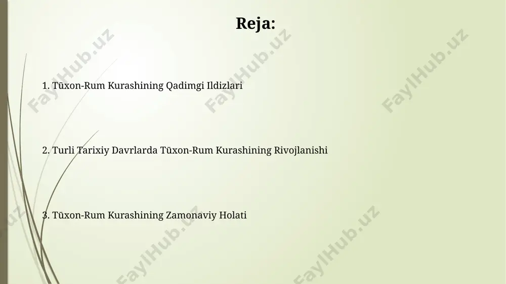 kurashi bo'yicha 3000 dan ortiq sportchi toshkent shahrida o'tkazilgan treninglar va musobaqalarda qatnashgan. hozirgi zamon tunon-rum kurashi samarqand va buxoro viloyatlarida 20 dan ortiq klublarda faol ravishda rivojlanmoqda, yillik musobaqalarda 500 dan ziyod kurashchi ishtirok etadi. xix asrda tunon-rum kurashi xix асрда бухоро амирлиги ва хива хонлигида тунон-рум курашининг 20 дан ортиқ турлари мавжуд бўлиб, уларнинг баъзилари фақат маҳаллий ҳудудларда, масалан, қарши ёки хивада тарқалган. xix аср охирида тунон-рум кураши бўйича мусобақаларда ғолиб чиққан спортчилар 100 дан ортиқ кумуш танга ва 20 дан ортиқ кийим-кечак билан тақдирланган. yangi davrda tunon-rum kurashining oʻzgarishlari yangi davrda, 19-asr oxiri va 20-asr boshlarida buxoro va xivada tunon-rum kurashi rasmiy musobaqalar sifatida ommalashib, 100 dan ortiq kurashchi ishtirok etadigan yirik festivallar o‘tkazildi. sovet davrida (1920-1990 yillar) tunon-rum kurashi milliy kurash turlaridan biri sifatida tan olindi, ammo samarqand va toshkent kabi yirik shaharlarda uning an’anaviy uslublari o’zgartirildi. e'tiboringiz uchun rahmat @taqdimot_robot image1.jpg image2.jpg image3.jpg image4.jpg image5.jpg …