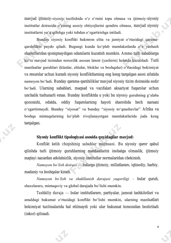 o‘plab rivojlanayotgan mamlakatlarida juda keng tarqalgan. siyosiy konflikt tipologiyasi asosida quyidagilar mavjud: konflikt kelib chiqishinig sabablar majmuasi. bu siyosiy qaror qabul qilishda turli ijtimoiy guruhlarning manfaatlarini inobatga olmaslik, ijtimoiy nuqtayi nazardan adolatsizlik, siyosiy institutlar normalaridan chekinish. namoyon bo‘lish doirasi — bularga ijtimoiy, millatlararo, iqtisodiy, harbiy, madaniy va boshqalar kiradi. namoyon bo‘lish va shakllanish darajasi yuqoriligi – bular guruh, shaxslararo, mintaqaviy va global darajada bo‘lishi mumkin. tashkiliy daraja — bular institutlararo, partiyalar, jamoat tashkilotlari va amaldagi hukumat o‘rtasidagi konflikt bo‘lishi mumkin, ularning manfaatlari hokimiyat tuzilmalarida hal etilmaydi yoki ular hukumat tomonidan bostiriladi (inkor) qilinadi. 5 jamoatchilikni jalb qilish darajasi — ushbu mezon bo‘yicha konfliktlar yashirin (latent) va ochiq bo‘lishi mumkin. xarakat vaqti – vaqt doirasida: tez kechuvchi va uzoq davom etuvchi bo‘lishi mumkin. siyosiy konflikt tuzilishi va shakllari konfliktlar konstruktiv va buzg‘unchi kabi shakllarga bo‘linadi. konstruktiv konflikt raqiblar axloqiy me’yorlar, ishbilarmonlik munosabatlari va asosli dalillardan tashqariga chiqmaganda paydo bo‘ladi. sabablari odatda …
