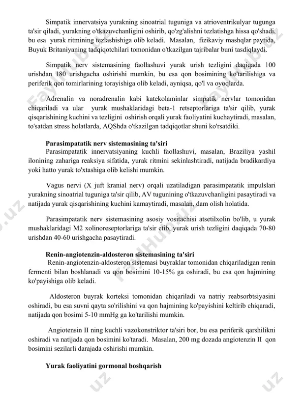 zikaviy mashqlar paytida, buyuk britaniyaning tadqiqotchilari tomonidan o'tkazilgan tajribalar buni tasdiqlaydi. simpatik nerv sistemasining faollashuvi yurak urish tezligini daqiqada 100 urishdan 180 urishgacha oshirishi mumkin, bu esa qon bosimining ko'tarilishiga va periferik qon tomirlarining torayishiga olib keladi, ayniqsa, qo'l va oyoqlarda. adrenalin va noradrenalin kabi katekolaminlar simpatik nervlar tomonidan chiqariladi va ular yurak mushaklaridagi beta-1 retseptorlariga ta'sir qilib, yurak qisqarishining kuchini va tezligini oshirish orqali yurak faoliyatini kuchaytiradi, masalan, to'satdan stress holatlarda, aqshda o'tkazilgan tadqiqotlar shuni ko'rsatdiki. parasimpatatik nerv sistemasining ta'siri parasimpatatik innervatsiyaning kuchli faollashuvi, masalan, braziliya yashil ilonining zahariga reaksiya sifatida, yurak ritmini sekinlashtiradi, natijada bradikardiya yoki hatto yurak to'xtashiga olib kelishi mumkin. vagus nervi (x juft kranial nerv) orqali uzatiladigan parasimpatatik impulslari yurakning sinoatrial tuguniga ta'sir qilib, av tugunining o'tkazuvchanligini pasaytiradi va natijada yurak qisqarishining kuchini kamaytiradi, masalan, dam olish holatida. parasimpatatik nerv sistemasining asosiy vositachisi atsetilxolin bo'lib, u yurak mushaklaridagi m2 xolinoreseptorlariga ta'sir etib, yurak urish tezligini …