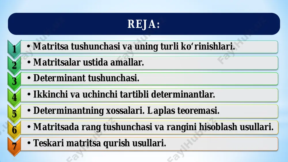 rda g.kramer o‘z nazariyasini ishlab chiqishni boshlagan va 1751 yilda “kramer qoidasi”ni yaratgan. xuddi shu davrda “gauss usuli” ham paydo bo‘lgan. “matritsa” atamasi fanga 1850 yilda jeyms silvestr tomonidan kiritilgan. matritsalar nazariyasi xix asr oʻrtalarida uilyam gamilton va artur keyli asarlarida namoyon bo‘la boshlagan. matritsalar nazariyasidagi fundamental natijalar veyershtrass, jordan va frobeniuslarga tegishlidir. hozirgi kunda matematika, fizika, iqtisod va boshqa sohalarda sonli miqdorlar bilan berilgan faktlar, hamda ular bilan bog‘liq masalalarni hal qilishda matritsalardan foydalaniladi. m×n o‘lchovli matritsa deb, m ta satr va n ta ustundan iborat 11 12 1 21 22 2 1 2 ... ... ... ... ... ... n n m m mn a a a a a a a a a              1-satr 2-satr m-satr 1- us tu n 2- us tu n n- us tu n to‘g‘ri toʻrtburchak shaklidagi jadvalga aytiladi. m. ta’rif. …