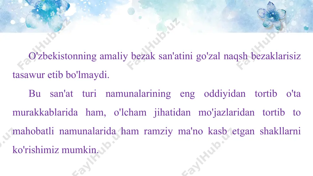 larining ekspozitsiyalari orasida ham zardo'zlik san'ati namunalari bor. xx asrning ikkinchi yarmiga kelib bu san'at turi mamlakatimizning boshqa hududlarida ham rivojlana boshladi. * bugungi kunda kelin-kuyovlar, to'ybolalar, yubilyarlar, ulkan yutuqqa erishgan sportchilarga zarchopon kiydirish odat rusiga kirib bormoqda. zardo'zlik san'atida qo'llaniladigan ramziy shakllar ham insonlar hayoti bilan chambarchas bog'liq. undagi naqsh elementlaridan bodom, uzum, uzum gajagi, paxta, buta, daraxt, turli shakldagi gullar, ko'za va undagi buta, zirk butasi (turunj), kungaboqar, majnuntol, novda va yaproq kabilarning shakllari stilizatsiyalashtirilgan (badiiylashtirilgan) ko'rinishda qo'llaniladi. * amaliy bezak san'atida, ayniqsa, zardo'zlikda majnuntol kashtasi tasviri ko'p qo'llaniladi (20-rasm). chunki u baxt-iqbol ramzi hisoblanadi. uning biroz cho'zinchoqroq shakli - qalampir tasviri esa yomon ko'zdan asrash maqsadida qo'llaniladi. anor esa to'kinchilik, ezgulikning ramziy tasviri sifatida ishlatiladi. gulsafsar - osoyishtalik va umrboqiylik, to'lqinsimon gul poyasi - boylik va farovonlik, novda va yaproqlar uyg'onishni anglatadi. * 20-rasm. majnuntol kashtasi. xix asrning ikkinchi yarmi. * 22-rasm. amaliy san'atda qo'llaniladigan naqsh elementlari …