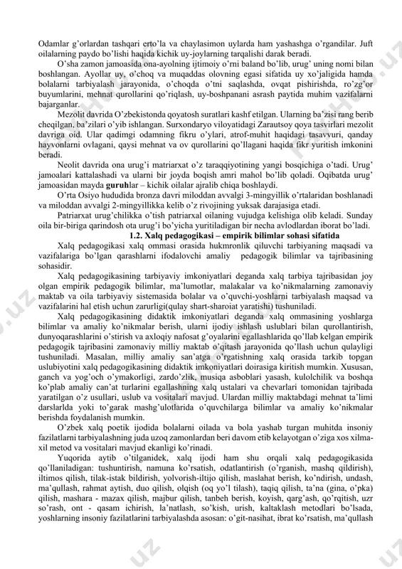 davrda yozma manbalarning saqlanib qolmaganligi ushbu davrda tarbiyaning amalga oshirilishini arxeologik manbalarga asoslangan holda tahlil etishni talab etadi. ibtidoiy jamoa tuzumi ikki davrga bo’linadi: 1) ibtidoiy to’da; 2) o’rug’chilik jamoasi. qadimgi tosh asri peleolit: ilk o’rta so’nggi mil. av. 700/500-100 ming yilliklar. mil. av. 100-40 ming yilliklar. mil. av. 40-12 ming yilliklar. o’rta tosh asri mezolit mil. av.12 – 7 ming yilliklar. yangi tosh asri neolit mil. av. 6-4 ming yilliklar. mis-tosh asri eneolit mil. av. 4-3 ming yilliklar. bronza davri bronza davri mil. av. 3-1 ming yilliklar. temir asri ilk temir asri mil. av. x-viii asrlar. so’nggi temir asri vii–iv asrlar insoniyat faoliyatining asosiy turi sifatida tarbiyaning yuzaga kelishi mil.av. 40-35 ming yilliklarda zamonaviy qiyofadagi odamlar (“homo sapiens”- “ongli odam”)ning paydo bo’lishi bilan bog’liq. ibtidoiy jamoa tuzumi davrida mehnat tarbiyasi yetakchi o’rin tutgan. ana shu asosga ko’ra mehnat bilan bog’liqlikda kishilar uch guruhga bo’lingan: 1) bolalar va o’smirlar; 2) …