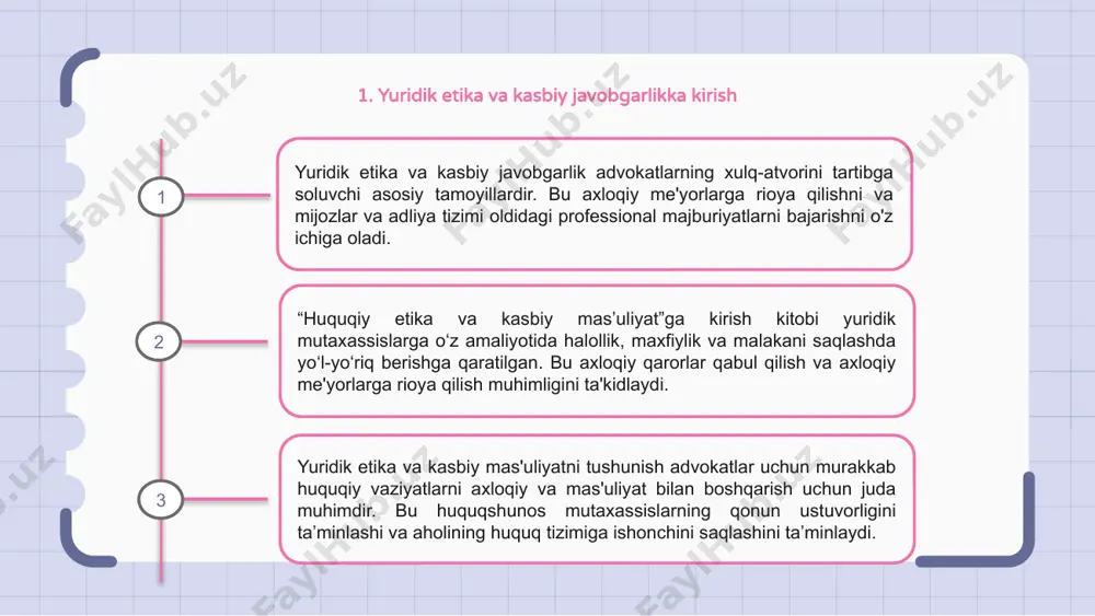 arga olib keladi. 6. advokatlar uchun axloq qoidalari yuridik axloq va kasbiy mas'uliyat haqida gap ketganda, advokatlar o'z mijozlarining manfaatlarini ko'zlab harakat qilishlarini ta'minlaydigan xulq-atvor kodeksiga rioya qilishlari kerak. advokatlar uchun odob-axloq yo‘riqnomasi axloqiy xulq-atvor uchun asos bo‘lib xizmat qiladi, shu jumladan vakolat majburiyatlari, maxfiylik va mijozlarga sodiqlik. advokatlar murakkab axloqiy dilemmalarni halollik bilan hal qilishlari va jamoatchilik ishonchini saqlash va advokatlik kasbi standartlarini qo'llab-quvvatlash uchun ushbu ko'rsatmalarga rioya qilishlari kerak. 1 2 3 7. axloqiy dilemmalar bo'yicha amaliy tadqiqotlar ushbu sessiyada biz huquqshunoslar duch keladigan haqiqiy hayotdagi axloqiy dilemmalarni ko'rib chiqamiz. keyslarni tahlil qilish orqali biz tanqidiy fikrlash va kasbiy mas'uliyat bo'yicha munozaralarni qo'zg'atmoqchimiz. ushbu amaliy tadqiqotlar orqali ishtirokchilar murakkab axloqiy vaziyatlarda harakat qilishlari va huquqiy axloq qoidalariga muvofiq asosli qarorlar qabul qilishlari kerak. sessiyaning interaktiv tabiati faol ishtirok etish va mulohaza yuritishga undaydi. axloqiy dilemmalarning turli nuqtai nazarlari va natijalarini o'rganish orqali ishtirokchilar advokatlik kasbida axloqiy me'yorlarga rioya …