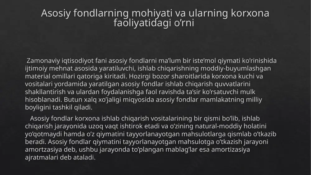 vomida o’z xususiyatini tabiiy yo’qotishidir. asosiy fondlarni jismoniy eskirishini qiymatini aniqlashda uyidagi usullardan foydalaniladi; foydalanilgan adabiyotlar. ortiqov a. sanoat iqtisodiyoti. — t.: “o’zbekiston yozuvchilar uyushmasi adabiyot jamg’armasi”—2004 yil foydalanilgan adabiyotlar ro`yxati nazirov a. sh. mehnatni tashkil etish va normalshtirish. — t.: “toshkent davlat iqtisodiyot universiteti” —2004 yil. www.google.ru www.google.uz image6.tmp image7.tmp image8.tmp image9.tmp image10.png image11.tmp image12.png image13.png image14.tmp image15.tmp image16.tmp /docprops/thumbnail.jpeg