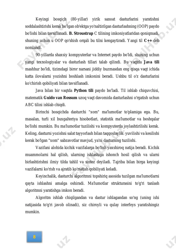 lar mavjud, ya'ni dasturning tuzilishi. vazifani alohida kichik vazifalarga bo'lish yaxshiroq natija beradi. kichik muammolarni hal qilish, ularning ishlashiga ishonch hosil qilish va ularni birlashtirishni ilmiy tilda tahlil va sintez deyiladi. tajriba bilan birga keyingi vazifalarni ko'rish va ajratib ko'rsatish qobiliyati keladi. keyinchalik, dasturchi algoritmni topshiriq asosida tuzilgan ma'lumotlarni qayta ishlashni amalga oshiradi. ma'lumotlar strukturasini to'g'ri tanlash algoritmni yaratishga imkon beradi. algoritm ishlab chiqilgandan va dastur ishlagandan so'ng (uning ishi natijasida to'g'ri javob olinadi), siz chiroyli va qulay interfeys yaratishingiz mumkin. dasturlash tili alifbosi quyidagicha:  yordamchi so`zlar: print, len, type, def…  literal o`zgaruvchilar: number, strings…  operatorlar: + - * = , ; …  grammatika (sinkaksis)  foylanuvchi yaratgan so`zlar: variables, functions, classes… 2-§. python dasturlash tili haqida python faol qo'llaniladigan sohalarni qisqacha sanab o'tamiz: 1.3-rasm. python tili sohalari 1. tizimli dasturlash. 2. grafik interfeysli dasturlarni ishlab chiqarish. 3. dinamik veb-saytlarni ishlab chiqarish. 4. komponentlarning integratsiyasi. 5. …