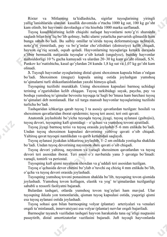 rsatadi. tuyoq kasalligi tufayli xo’jalikdagi hayvonlarning mahsuldorligi pasayadi, davolash, qo’shimcha nazorat va saqlashga ko’p harajatlar sarflanadi va shu tufayli u katta iqtisodiy zarar ko’radi. s.g. chabanovskiy ko’rsatishicha hayvonlar tabiiy sharoitda saqlanganda ham tuyoq kasalliklari kam uchramaydi, ya’ni 1000 bosh sigirdan 288 tasi turli xil tuyoq kasalliklariga chalinishi aniqlangan. rixter va mitlarning ta’kidlashicha, sigirlar tuyoqlarining yiringli yallig’lanishlarida ulardan kasallik davomida o’rtacha 1000 kg sut, 100 kg go’sht kam olinib, bir hayvonni davolashga o’rta hisobda 1000 marka sarflanadi. tuyoq kasalliklarining kelib chiqishi nafaqat hayvonlarni noto’g’ri sharoitda saqlash bilan bog’liq bo’lib qolmay, balki ularni yetarlicha parvarish qilmaslik ham bunga sabab bo’ladi. bu salbiy omillar ta’sirida tuyoq deformatsiyaga uchraydi, noto’g’ri yemiriladi, pay va bo’g’imlar cho’zilishlari (distroziyo) kelib chiqadi, hayvon og’riq sezadi, oqsab qoladi. hayvonlarning tuyoqlariga kerakli darajada e’tibor bermaslik natijasida tuyoqlar o’sib ketadi (ungulyoz), bunday hayvonlar mahsuldorligi 10 % gacha kamayadi va ulardan 20–30 kg kam go’sht olinadi, s.n. pankov ko’rsatishicha, kasal qo’ylardan 24 …