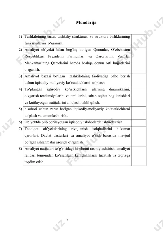 jaligi, tadbirkorlik va boshqa iqtisodiy sohalarga kredit va moliyaviy xizmatlar ko‘rsatish orqali iqtisodiy rivojlanishga xizmat qiladi. parkent tuman filiali ushbu umumiy tizimning muhim hududiy bo‘g‘ini sifatida faoliyat yuritadi. bu filial asosan tumandagi dehqonlar, fermer xo‘jaliklari, kichik biznes egalari, xizmat ko‘rsatish sohasi vakillari va oddiy aholi uchun bank xizmatlari ko‘rsatadi. men tashkilotning tarixiy taraqqiyoti, rivojlanish bosqichlari va xizmat ko‘rsatish yo‘nalishlarini o‘rgandim. filialning o‘ziga xosligi shundaki, u mahalliy ehtiyojlarga moslashtirilgan xizmatlarni taklif etadi. filialning tashkiliy tuzilmasi vertikal boshqaruv printsipiga asoslangan. rahbarlik tizimi yuqoridan pastga qarab shakllangan bo‘lib, barcha bo‘limlar bevosita filial direktori hamda markaziy bosh ofisga bo‘ysunadi. men amaliyot davomida quyidagi bo‘limlar faoliyati bilan yaqindan tanishdim: 1. kreditlash bo‘limi – bu bo‘lim bankning asosiy yo‘nalishlaridan biri hisoblanadi. bo‘lim qishloq xo‘jaligi, mikro, kichik va o‘rta biznes subyektlariga kreditlar ajratadi, kredit liniyalari bilan ishlaydi. kredit berishdan oldin mijozlarning moliyaviy ahvolini tahlil qilish, garov ta’minotini o‘rganish va qaror qabul qilish – bu bo‘lim zimmasida. 2. …