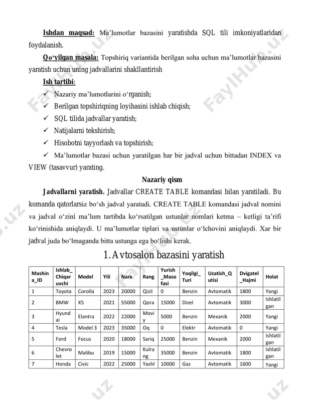 va o‘chirish nazariya: • create table buyrug‘i yangi jadval yaratish uchun ishlatiladi. • avtosalon — jadval nomi. • har bir ustun nomi va uning ma'lumot turi (masalan, int, char, varchar) ko‘rsatiladi. • primary key — bu ustun (bu yerda mashina_id) jadvalda takrorlanmas unikal qiymatga ega bo‘lishini ta’minlaydi. 1-jadval. avtasalon jadvali 2-jadval. ishlab chiqaruvchi jadvali nazariya: • insert into buyrug‘i jadvalga yangi ma'lumotlar qo‘shish uchun ishlatiladi. • ustunlar ro‘yxati () ichida ko‘rsatiladi. • values kalit so‘zi yangi yozuvlar uchun qiymatlarni belgilaydi. har bir qator uchun yangi qiymatlar () ichida kiritiladi. nazariya: • delete from buyrug‘i jadvaldan yozuvlarni o‘chirish uchun ishlatiladi. • where sharti qaysi yozuvlar o‘chirilishini belgilaydi. agar where sharti ko‘rsatilmasa, barcha yozuvlar o‘chiriladi. nazariya: • update buyrug‘i mavjud yozuvni yangilash uchun ishlatiladi. • set kalit so‘zi o‘zgartirilayotgan ustun va yangi qiymatini ko‘rsatadi. • where sharti yangilanadigan yozuvni aniqlashda ishlatiladi. agar where ko'rsatilmasa, barcha yozuvlar yangilanadi. nazariya: • select buyrug‘i ma'lumotlarni …