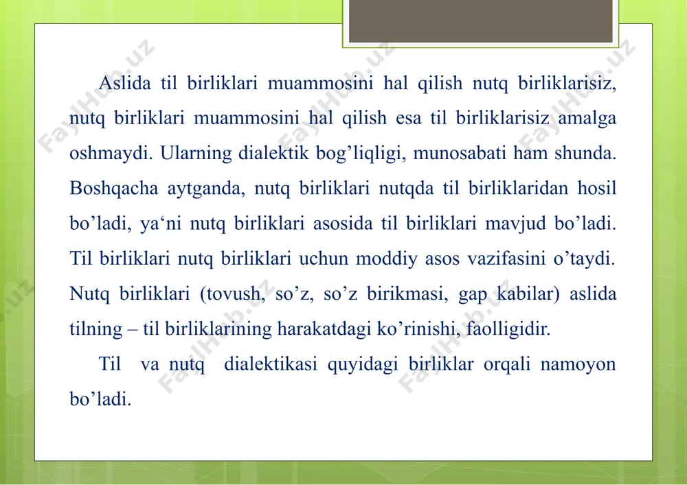terlanadi. qiyoslang: tonggi, kechki; tomga,yo’lakka, yotoqqa. demak, qayd etilgan so’z formalarida qo’llanayotgan–gi,-ki;-ga,-ka,-qa morflarning jami bir morfemani tashkil qiladi, ya‘ni–gi,-ki bitta morfema;-ga,-ka,-qa bitta morfema hisoblanadi. ayni vaqtda ushbu morfalar biri ikkinchisiga nisbatan allomorf(a)–morfemaning varianti–so’z shakli tarkibidagi ko’rinishi hisoblanadi. ma‘lum bo’ldiki, allomorf(a) morfemaning varianti bo’lib, alohida morf(a) sifatida o’ziga mos, muvofiq keladigan so’z shakli tarkibidagina ishtirok etadi.allomorf sifatida kuzatiladigan har bir morf(a)ning qo’llanish imkoniyati chegaralangan bo’lib, u faqat o’zi uchun qulay bo’lgan sharoitda yuzaga chiqadi, tanlab qo’shiladi. morfning–allomorfning biri o’rnida ikkinchisi ishlatilmaydi. qiyoslang: tonggi-tongki, kechki-kechgi. bunga fonetik vaziyat, fonetik shakl va semantika yo’l qo’ymaydi. demak, allomorflar qo’llanadigan so’z formalari qanday qabul qilingan bo’lsa, shunday shaklda namoyon bo’ladi. xullas: 1. morfema fonema bilan til birligi sifatidaumumiylikka ega. 2. morfema tilning muayyan ma‘noli birligi sifatida fonemadan farq qiladi, o’ziga xoslikka, xususiylikka ega bo’ladi. 3. morfemalar ifoda va mazmun tomonlarining birligidan tashkil topadi. 4. morfema so’z kabi nutqiy–sintaktik mustaqillikka ega emas. u nutqda leksema, so’z …
