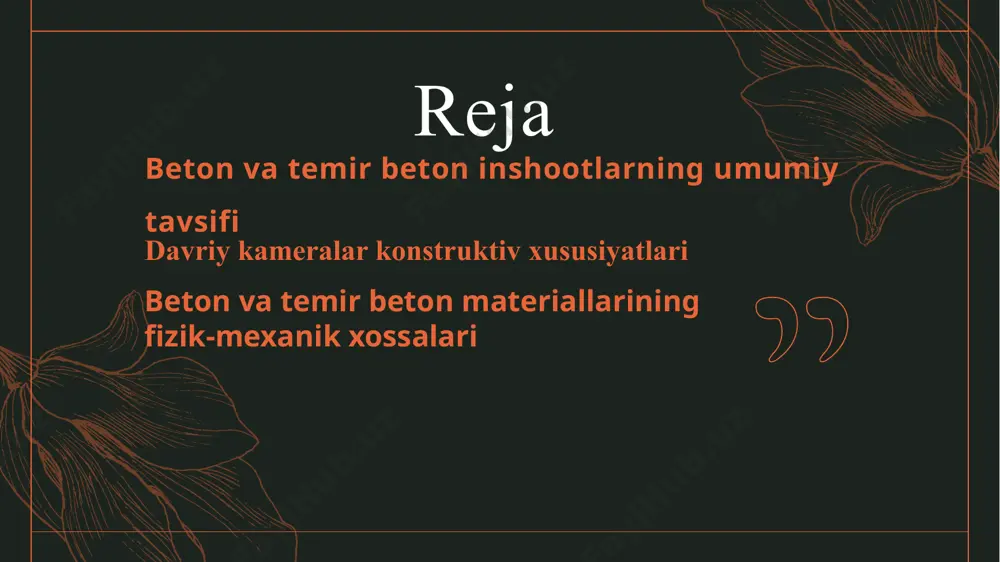 luatatsiya samaradorligini oshiradi. 7 shunday qilib, davriy kameralar konstruksiyasi – bu faqatgina beton va temirbeton qurilishi emas, balki ilg‘or muhandislik yondashuvlari, xavfsizlik va bardoshlilikni o‘z ichiga olgan kompleks tizimdir. 8 beton va temir-beton materiallari o‘rtasidagi farq, temir-betonning betonning asosiy cheklovlarini bartaraf etib, yanada kuchli va elastik material yaratishda yotadi. har ikkala material o‘zining aniq afzalliklari bilan turli qurilish vazifalariga mos keladi. beton va temir beton materiallarining fizik-mexanik xossalari 9 beton va temir-beton materiallarining o‘ziga xos xususiyatlari ularning qurilishdagi o‘rni va ahamiyatini yanada oshiradi. betonning arzonligi va tayyorlanishi osonligi, uni katta hajmdagi inshootlar, yo‘llar, poydevorlar va boshqa qurilish elementlari uchun ideal tanlov qiladi. ammo, uning zaif tomonlari — past tensil kuchi va elastikligi — ba'zi hollarda uni temir-beton bilan almashtirishni talab qiladi. 10 shu bilan birga, har ikkala materialni ham to‘g‘ri ishlatish va qo‘llashda ehtiyotkorlik zarur. beton va temir-beton qurilishda ishlatilganda, materiallarning xususiyatlari to‘g‘ri hisobga olinishi, ularning ishlash muddatini va samaradorligini …