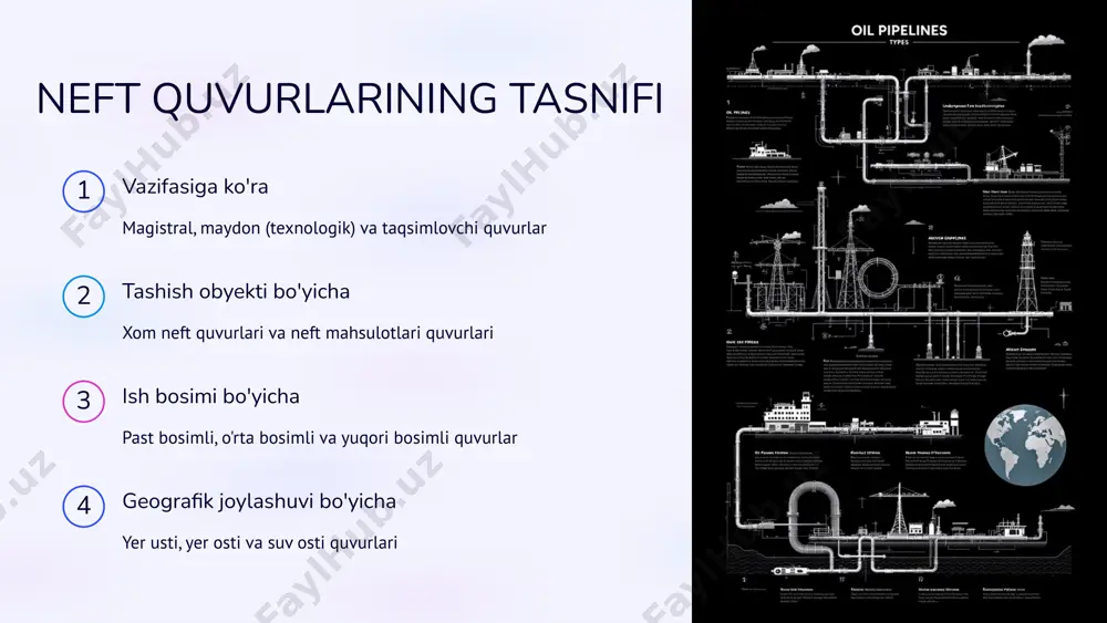 bronzadan yasalgan quvurlar suv ta'minoti uchun ishlatilgan 2 xix asr 1865-yilda aqshda ilk tijorat neft quvuri qurilgan 3 xx asr boshi po'lat quvurlar keng qo'llanila boshlandi 4 1960-1980 yillar sssr va yevropa o'rtasida yirik gaz magistrallari qurildi 5 hozirgi zamon yuqori texnologiyali, avtomatlashtirilgan quvur tizimlari rivojlanmoqda 6 zamonaviy quvurlar tizimining xususiyatlari avtomatlashtirish scada va iot texnologiyalari yordamida real vaqt rejimida nazorat xavfsizlik maxsus himoya qoplamalar va sensorlar orqali ekologik xavfsizlikni ta'minlash samaradorlik yuqori bosimli va uzoq masofali quvurlar orqali tejamkor tashish 7 global quvurlar tizimining ahamiyati energiya xavfsizligi barqaror energiya ta'minotini ta'minlash 1 iqtisodiy rivojlanish sanoat va iqtisodiyotning barqaror o'sishiga hissa qo'shish 2 xalqaro hamkorlik davlatlar o'rtasida energetika sohasidagi aloqalarni mustahkamlash 3 texnologik innovatsiyalar yangi texnologiyalarni joriy etish orqali sohani rivojlantirish 4 8 magistral neft quvurlarining kelajakdagi rivojlanish yo'nalishlari raqamlashtirish sun'iy intellekt va katta ma'lumotlar tahlili orqali boshqaruvni takomillashtirish ekologik xavfsizlik uglerod neytralligi dasturlari va ikki devorli quvurlarni joriy etish …