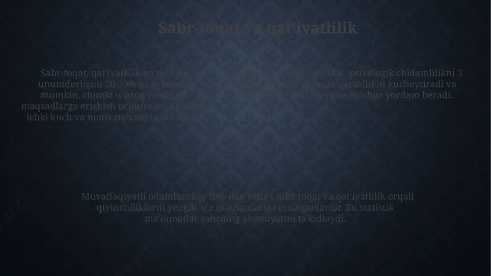 boshqarishni oʻz ichiga oladi. rejalashtirish va tashkil etish rejalashtirish jarayonida 5w2h texnikasidan foydalanish, ya’ni "kim?", "nima?", "qachon?", "qayerda?", "nima uchun?", "qanday?" va "qancha?" savollariga javob topish samaradorlikni 20% ga oshirishi mumkin. loyihani 3 ta asosiy bosqichga: rejalashtirish, amalga oshirish va baholashga bo'lish, har bir bosqich uchun aniq muddatlar va vazifalarni belgilash loyihani muvaffaqiyatli yakunlash ehtimolini sezilarli darajada oshiradi. tashkilotdagi resurslarni (odamlar, vaqt, moliyaviy) samarali taqsimlash uchun gantt jadvallari yordamida vizualizatsiya qilish, kamida 15% vaqtni tejashga va ish samaradorligini yaxshilashga yordam beradi. muvaffaqiyatning mevalari muvaffaqiyatning mevalari uzun muddatli rejalar va strategiya tuzish orqali 3 yildan 5 yilgacha bo'lgan davr ichida yig'iladi, bu esa tadbirkorlikda muhim rol o'ynaydi. muvaffaqiyatning mevalari, statistikaga ko'ra, 80% sa'y-harakat va 20% iqtidorga bog'liq bo'lib, izchil mehnat natijalarini ko'rsatadi. "muvaffaqiyatning mevalari" atamasi 5 dan ortiq o'ziga xos maqsadlarga erishishni va hayot sifati ko'rsatkichlarining o'sishini ifodalaydi. motivatsiya va ilhomlanish motivatsiya, 70% ga yaqin muvaffaqiyatning kaliti hisoblanadi va u maqsadga …