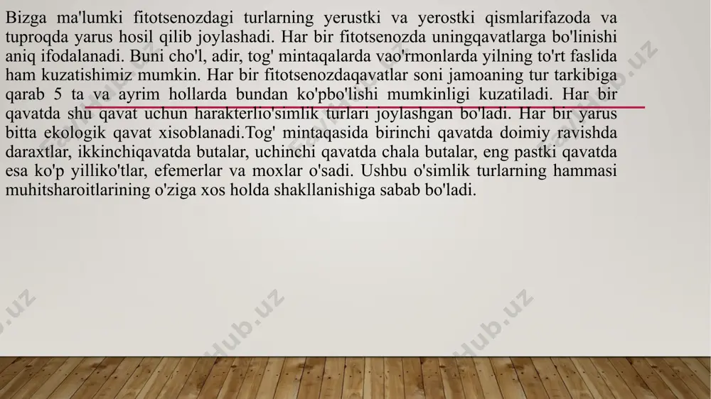 alilik shuncha yaxshinamoyon bo'ladi. fitotsenozdagi pog'onalilik yil fasllarining almashinishidao'zgarib turadi. o'lkamizda bunday holat cho'l mintaqasida yaqqol namoyonbo'ladi. erta bahorda bir yillik efemer o'simliklar keyingi fasllarda esa ko'p yillikefemeroid o'simliklar undan keyin esa buta va chala butalar almashinadi. daraxto'simliklarning ildiz sistemasining qavatliligi tuproqda boshqa turdagi o'simliklarildizining yaxshiroq o'rnashishiga xalaqit qiladi. image2.png image3.png image1.jpg /docprops/thumbnail.jpeg