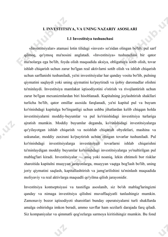 va likvidligini hisobga oladi. shartlar, investitsiya maqsadi, buxg alteriya operatsiyalarining xususiyatlari tahlil qilinadi. shu bilan birga, investitsiya qilingan mablag'lar evaziga investor o'z ixtiyorida bo'ladigan aktivga alohida e'tibor qaratiladi. investitsiya ob'ektlarini tasniflash real shakllar toifasidan boshlanadi, ya'ni pul evaziga investor yer uchastkalari, ishlab chiqarish resurslari, ko'chmas mulk, stanoklar va mashinalar, marka va belgilar, belgilarni oladi. bunga xodimlarning malaka darajasini oshirishga pul sarflash ham kiradi.bundan tashqari, investitsiya moliyaviy bo'lishi mumkin, agar bozor ishtirokchisi turli xil qimmatli qog'ozlarni sotib olsa yoki yuridik, jismoniy shaxs uchun kreditor sifatida pul ayirboshlash dasturiga kirsa. lizing shu toifaga kiradi. tasnifi hisobga olingan holdainvestitsiyalarning shakllari va turlarini hisobga olgan holda spekulyativ loyihalarga, ya’ni real foyda olish maqsadida qisqa muddatga pul mablag‘larini investitsiyalashni nazarda tutuvchi loyihalarga e’tibor qaratish lozim. investitsiyalar yo'nalishi sifatida qimmatbaho metallar, davlat valyutasi ko'pincha harakat qiladi. investor eng qisqa vaqt ichida maksimal foyda olish maqsadini ko'zlaydi. investitsiyalarning shakllari va turlarini tasniflash jismoniy aktivlarga yo’n altirilgan investitsiyalarning …