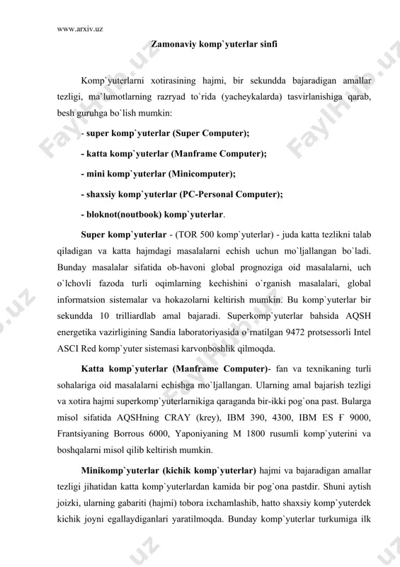 katta komp`yuterlardan kamida bir pog`ona pastdir. shuni aytish joizki, ularning gabariti (hajmi) tobora ixchamlashib, hatto shaxsiy komp`yuterdek kichik joyni egallaydiganlari yaratilmoqda. bunday komp`yuterlar turkumiga ilk bor yaratilgan pdp-11 (programm driver processor - dasturiy boshqaruv protsessori) turkumini, ilgari harbiy maqsadlar uchun ishlatilgan (maxfiy hisoblangan) vax, sun turkumli komp`yuterlar, ibm 4381, hewlett packard firmasining hp 9000 va boshqalar minikomp`yuterga misol bo`la oladi. shaxsiy komp`yuterlar hozirda korxonalar, muassasalar, oliy o`quv yurtlarida keng tarqalgan bo`lib, ularning aksariyati ibm rusimiga mos komp`yuterlardir. ibm rusimiga mos komp`yuterlar deganda, ularning turli kompaniyalar ishlab chiqarilishiga qaramay ham texnik, ham programma ta`minoti mosligi, ya`ni bir-biriga to`g`ri kelishi nazarda tutiladi. bunday komp`yuterlar hajmi jihatidan kichik (bir stol ustiga joylashadi), amal bajarish tezligi, masalan pentium-3 mmx protsessori o`rnatilgan komp`yuterlarida, hozirgi kunda 750-1000 megagertsni, xotira hajmi esa, 64-128 megabaytni tashkil qiladi. bu ko`rsatgichlar o`ta tez o`zgarib, har ikki yilda komp`yuterlar imkoniyati ikki baravar oshishi, ularning narxi esa shunchaga arzonlashishi tendentsiyasini kuzatilmoqda. bugungi …