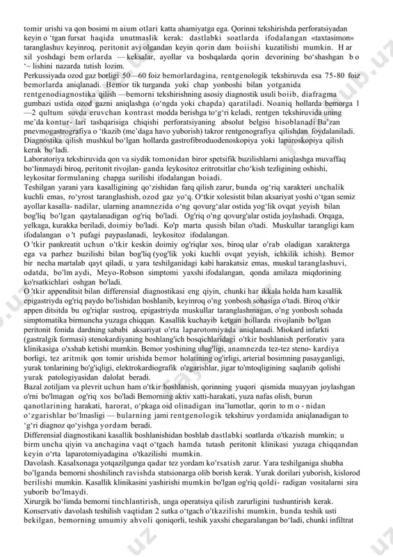 hatto me’da osti bezidagi hujayralar tomonidan sintez qilinadi. fiziologik sharoitlarda c-hujayralar oqsili ovqat, peptonlar, aminokislotalar, adashgan nerv kabilar bilan rag'batlantiritadi va endi uning o'zi ichki omil ishlanishi, xlorid kislota, pepsin, me’da osti bezi ferm entlari sekretsiyasini rag'batlantiradi, m e’da va och ichak peristaltikasini kuchaytiradi. ichak fazasi (iii faza) mexanizmi unchalik ravshan emas: ayrim mualliflar ingichka ichakning yuqori boiimlarida m e’da sekretsiyasini rag'batlantiradigan enterogastron hosil bo'ladi deb hisoblasalar, bosh- qalari ingichka ichakda oqsil parchalanishida gistamin hosil bo'ladi deb hisoblaydilar. m a’lumki, ingichka ichak sekretsiyani faqat qo'zg'atish ta’siriga emas, balki tormozlash ta ’siriga ham ega. biroq, bu vagus innervatsiyasi saqlanib qolgan taqdirdagina shunday bo'ladi. m e’dada 3 ta sekretor bezsimon sohalar farqlanadi: 1. kardial —ovqat luqmasi uchun qulay sharoit yaratadigan shilliq ajratadi. 2. fundal bezlar, hujayralarning 4 turidan tashkil topgan: bosh hujayralar pepsinogen ajratadi, parietal (yoki qoplama) hujayralar teshilishning asosiy simptomatikasi (g. mondor triadasi): «xanjar» bilan urilgandek to‘satdan paydo bo‘lgan og'riq, qorin …