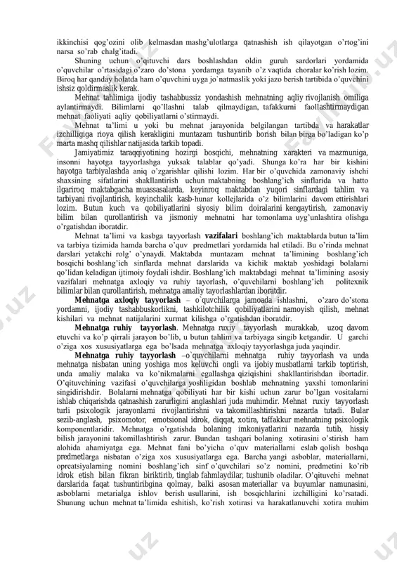 y elementlari (qog‟ozlarni buklash, qirqish, yelimlash, geometrik figuralarni yasash, applikatsiya ishlari)ni yasash bilan boshlaydilar. undan tashqari qo‟l mehnatiga o‟rgatishda “tikish va bichish”, “pazandachilik”, “plastilin bilan ishlash”, “ qog‟oz va karton bilan ishlash”, “applikattsiya va mozayka ishlari” turlari bilan bosqichma-bosqich tanishib boradilar. har bitta bo‟lim o‟quvchilarni hayotga mustaqil qilib tarbiyalashda muhim o‟rin egallaydi. yaratilgan mehnat natijalari o‟ziga va yon atrofdagilariga foydasi tegishini ko‟rgan o‟quvchi mehnatni asrab-avaylashga va mehnat kishilarining mehnat natijalarini ham hurmat- izzat qilishga o‟rganadi. topshirilgan ishga mahsuliyat hissini va mehnatdagi intizomni tarbiyalash, o‟qitishni ishlab chiqarish bilan birga olib borilishi salomatlik va yosh uchun foydali, jamiyat uchun kerakli mehnat izchilligini amalga oshiradi. boshlang‟ich maktablarda mehnat ta‟limi va tarbiyasining asosiy vazifalari o‟quvchilarni mehnatga tayyorlash, o‟qitish va umumta‟lim maktablarining boshlang‟ich sinflarida kasb tanlash izchilligini takomillashtirish, davlat tahlim standartlari talabi bo‟yicha tarbiyalash hamda o‟quvchilarni kasb-hunar egasi bo‟lib yetkazishda nazariy va amaliy bilim berishlardan tashkil topgan. mehnat madaniyatini tarkib topishi uchun darslarda doimo bolalarning …