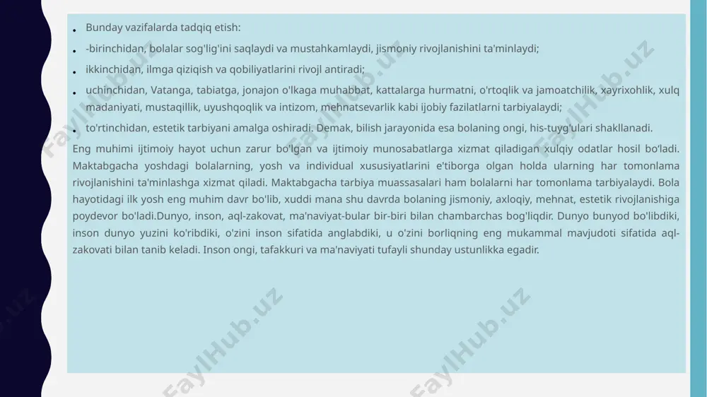 hik ochuvchi, axloqiy yo'l ko'rsatuvchidir. yetuk axloq vaodobinsonning ziynati, donolarning fazilatidir. aqlli kishi ahloqli bo'lsagina, xalqiga, mamlakatiga, yoru do'stlariga naf keltiradi. alisher navoiy o'zining aqli, ibratli axloqi, odobi bilan mamlakatiga, xalqiga hech qachon so'nmaydigan buyuk meros qoldiradi. u o'zi hayot bo'lgan davrlardayoq, aqli va axloqi bilan xalqiga, mamlakatiga ko'p foyda keltirgan. aqliy tarbya insoniyat paydo bo'lgandan boshlab tarbiyaning ustuvor vazifasi bo'lib kelgan. pedagogika fanlari nazaruotchi olimlari s.rajapov, s.temurova, s.nurmatova, b.mirzahmedova, b.adizov, r.og'aevlar tomonidan aqliy tarbiyaning shakllanish usullari va uni amalga oshirish tizimi aqliy tarbiyani shakllantirish to'g'risidagi fikrlari mavzuning o'rganilganlik darajaslni belgilaydi. insonni ulug’lash, uning kadriga yetish, ayniksa o'sib kelayotgan yosh avlodni aql-idrokli, odobli qilib tarbiyalash, ularni kamolotga yetkazish soxasida respublikamizda bir qancha ishlarni amalga oshirmokda. dunyo, inson, aql- zakovat, ma'naviyat-bular bir-biri bilan chambarchas bogliqdir. dunyo bunyod bo'libdiki, inson dunyo yuzini ko'ribdiki, o'zini inson sifatida anglabdiki, u o'zini borlikning eng mukammal mavjudoti sifatida aql- zakovati bilan tanib keladi. inson ongi, tafakkuri …