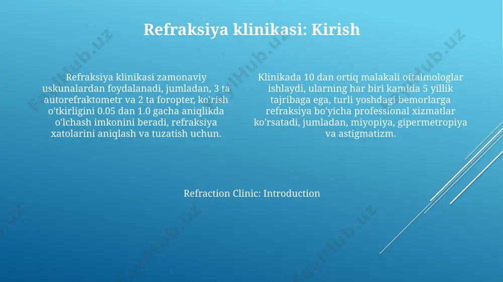 noqulaylik hissi bo'lishi mumkin. shifokor ko'rsatmasiga binoan antibiotikli tomchilarni muntazam ravishda ishlatish kerak. jarrohlikdan keyingi 1-2 hafta davomida ko'zni quyosh nurlaridan himoya qilish uchun uv himoyasi bo'lgan ko'zoynak taqish, og'ir jism ko'tarmaslik va ko'zni ishqalamaslik tavsiya etiladi. ko'rsatilgan dori-darmonlar jadval asosida qo'llanilishi zarur. refraksiya klinikasida bemorlarni boshqarish refraksiya klinikasida bemorlar oqimini nazorat qilish uchun bir nechta xodimlar, shu jumladan 2 nafar ro'yxatga olish xodimi va 3 nafar hamshira faoliyat yuritadi, ular tashrif buyuruvchilarni aniq yo'naltiradi. klinika bemorlarni qabul qilish vaqtini samarali boshqarish uchun elektron taqvim tizimidan foydalanadi, har bir bemorga o'rtacha 30 daqiqa vaqt ajratiladi, bu esa kutish vaqtini kamaytiradi. refraksiya klinikasida bemorlarni boshqarish lasik operatsiyasi lasik operatsiyasidan keyin bemorlar bir necha soat ichida ko'rishning yaxshilanishini his qilishadi. to'liq tiklanish 2 dan 6 haftagacha davom etishi mumkin, bu davrda 1% dan kamroq holatlarda qayta operatsiya zarur bo'lishi mumkin. lasik jarrohligi ko'rishni tuzatish uchun lazerdan foydalanadi, ko'pincha 20/20 ko'rishga erishishga intiladi. …