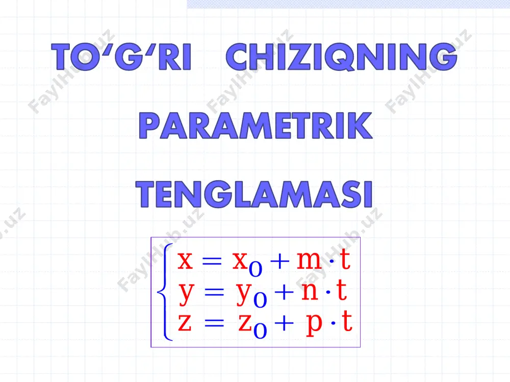 o‘zining tekislikdagi ortogonal proyeksiyasi orasidagi  burchakni to‘g‘ri chiziq bilan tekislik orasidagi burchak deb qabul qilinadi.   𝒏 𝒔 cos cos(90 ) sin s n s n         0 0 0x x y y z z m n p      to’g’ri chiziq va ax+by+cz+d=0 tenglama bilan berilgan tekislik orasidagi burchakni topish formulasi quyidagicha : demak, 2 2 2 2 2 2 sin s n ma nb pc s n m n p a b c             9 to‘g‘ri chiziqning tekislikka parallellik sharti : m n p a b c   to‘g‘ri chiziqning tekislikka perpendikulyarlik sharti : ma + nb + pc = 0 10 11 0 0 0 x x m t y y n t z z p t       …