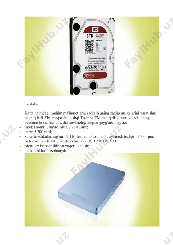 00 rpm ide 3,5" hdd; · narx: 1700 rubl; · xarakteristikalar: hajmi - 40 gb, aylanish tezligi - 7200 rpm, ide ulagichi, forma faktor - 3,5, bufer xotirasi - 2 mb; · plyuslar: hddni ide interfeys kabellari bilan almashtirish uchun javob beradi; · kamchiliklari: faqat ide interfeysi uchun javob beradi. lenovo so'nggi bir necha yil ichida xitoy ishlab chiqaruvchisi lenovo mahsulotlari aholimiz orasida mashhur bo'ldi. biz ushbu kompaniyaning uy kompyuterlari uchun eng ko'p talab qilinadigan versiyasini taqdim etamiz: · model nomi: caviar blue wd1600aajs-08psa0; · narx: 5 220 rubl; · xarakteristikalar: shakl faktor - hdd 3.5, xotira - 160 gb, bufer - 8 mb, aylanish tezligi - 7200 rpm, sataii interfeysi; · afzalliklari: yuqori mil tezligi; · kamchiliklari: belgilanmagan. image3.jpeg image4.jpeg image5.jpeg image6.jpeg image7.jpeg image8.jpeg image9.jpeg image10.jpeg image1.jpeg image2.jpeg