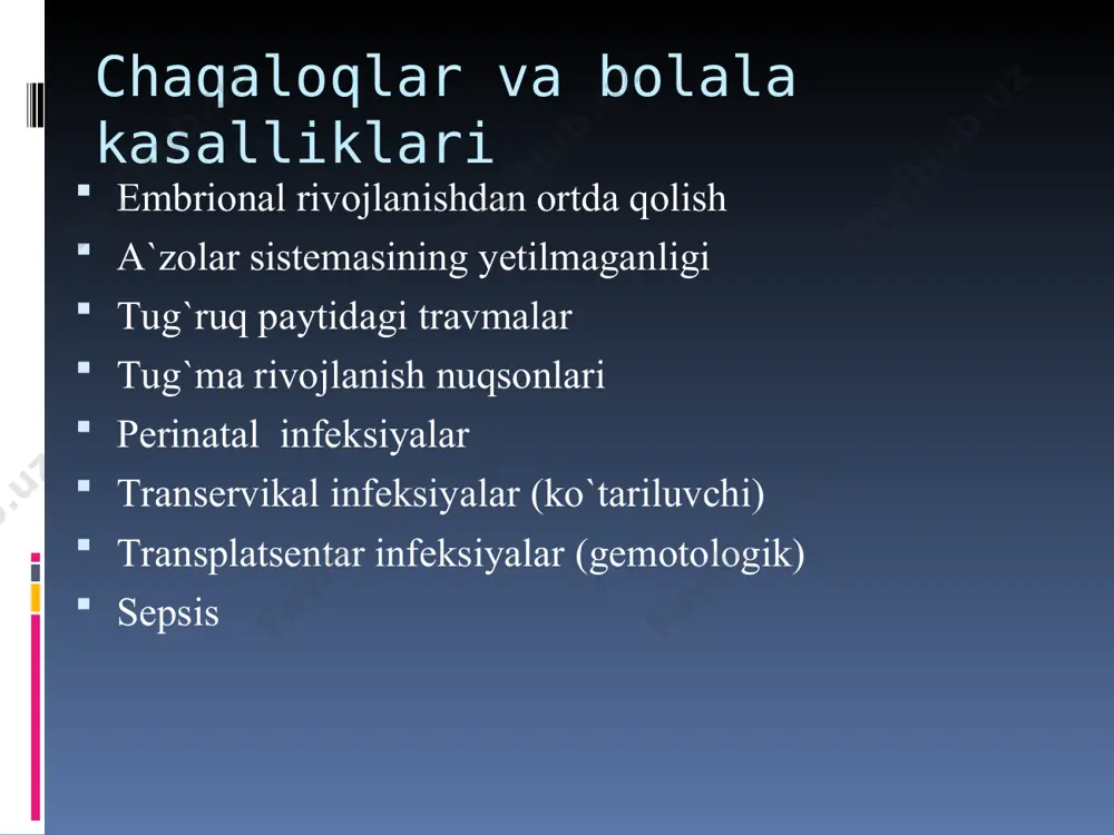 im turlari (misol, o`roqsimon anemiya), zo`rayuvchi diabet, qon ivishini buzilishi,antifosfolipid sindrom yoki o`pka kasalliklari emrional rivojlanishni ortda qolishi xromasom o`zgarishlar, misol,daun sindromi yoki turli tug`ma nuqsonlarni mavjudligi (anensefaliya – miyaning bir qismini bo`lmasligi),buyraklar va qorin devoridagi nuqsonlar. ko`p homilali homiladorlik. chekish ,alkagol va narkotiklarni qabul qilish. ayrim infeksiyalar, misol uchun toksoplazmoz,sitomegalovirus,sifilis. dori preparatlari,jumladan tutqanoqqa qarshi preparatlar. to`yb ovqatlanmaslik. yetarli massaga ega bo`lmagan ayollar va dengiz sathidan baland rayonlarda yashaydigan ayollarda kam massaliетарли массага эга бўлмаган аёллар ва денгиз сатхидан баланд районларда яша bolalarni tug`ilishi xavfi yuqori. 2.a`zolar sistemasini yetilmaganligi homilani qanday og`irlik bilan tug`ilishidan qatiy nazar, turli a`zolarning funksional va struktur yetilmaganligi katta muammo hisoblanadi. bunday chaqaloqlar ham jiddiy invalid hisoblanadi. oy kuniga yetmay,vaqtidan avval tug`ilgan chaqaloqlarda yetilmaganlik o`limning bevosita sababi bo`lgani tufayli,boshqa kasalliklar oqibatiga ham jiddiy ta`sir ko`rsatadi.shuning uchun hayot uchun zarur bo`lgan a`zolarni,o`pka,buyraklar,bosh miya,jigar kabilarni yetilmaganligini turli variantlarini bilish zarur. fetal o`pka to`qimasining rivojlanish sxematik ko`rinishi alveolalar differensirovkasi …